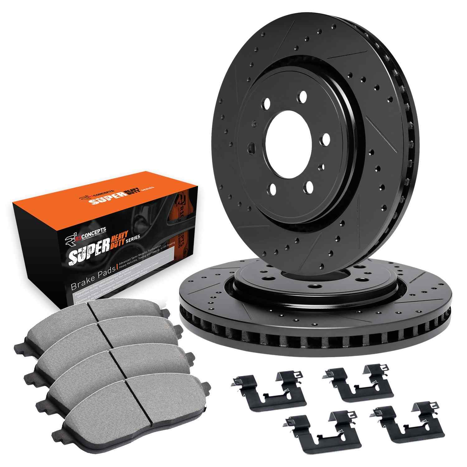 R1 Concepts 00-07 Toyota Tundra Front Drilled & Slotted Black Brake Rotor Set w/Super Duty Pads and Hardware - Image 2