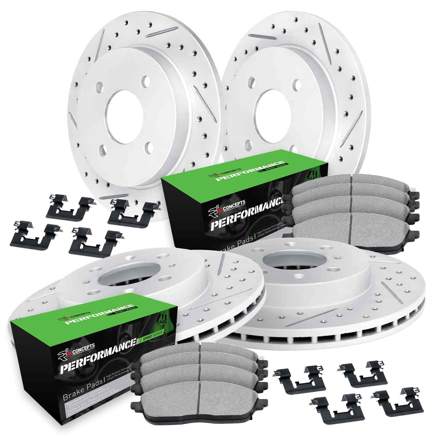R1 Concepts 01-05 Acura EL Front & Rear Drill/Slot Carbon Coated Rotor Set w/Perf Sport Pads