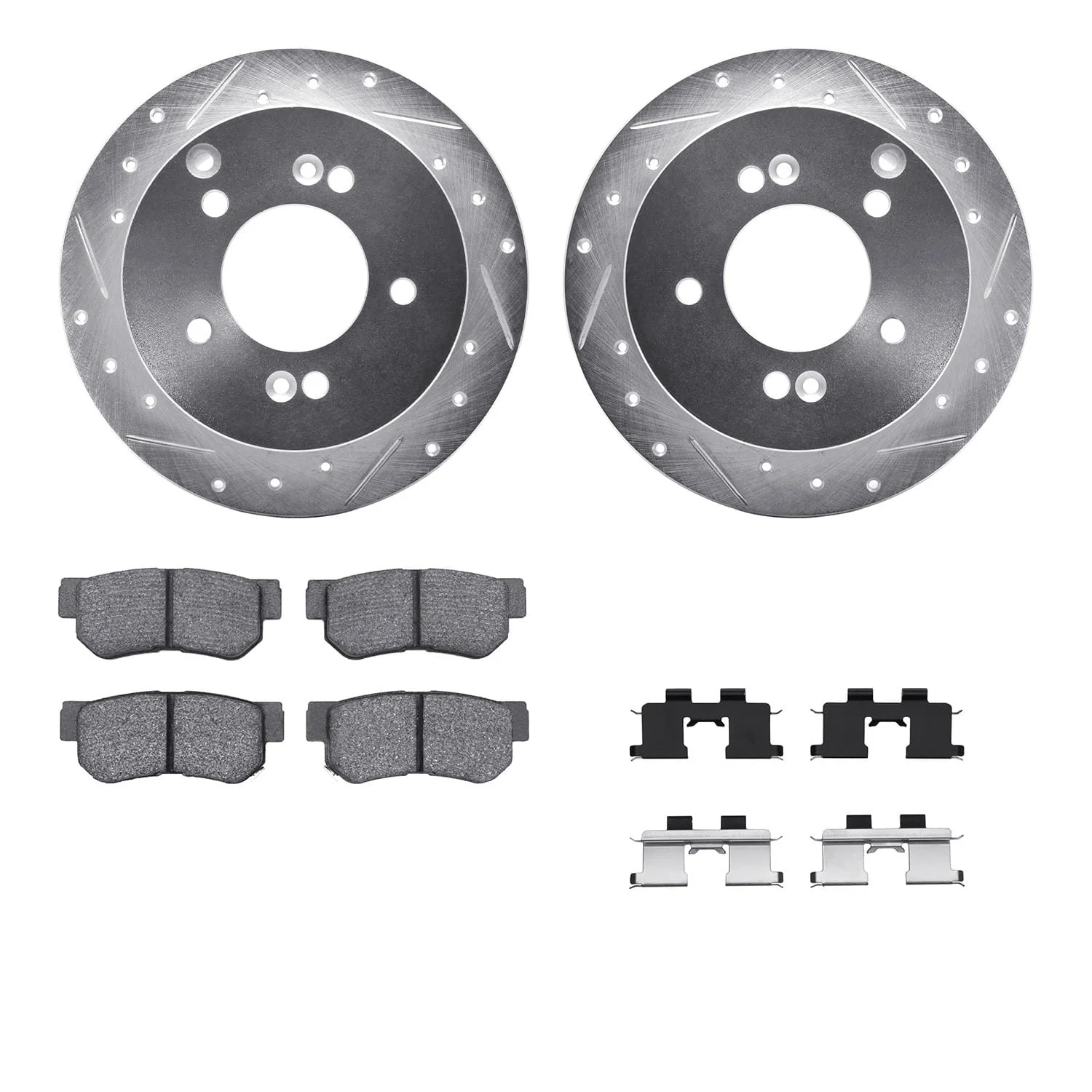 R1 Concepts 01-10 Hyundai Sonata Rear Drilled & Slotted Silver Brake Rotor Set w/Optimum OE Pads and Hardware