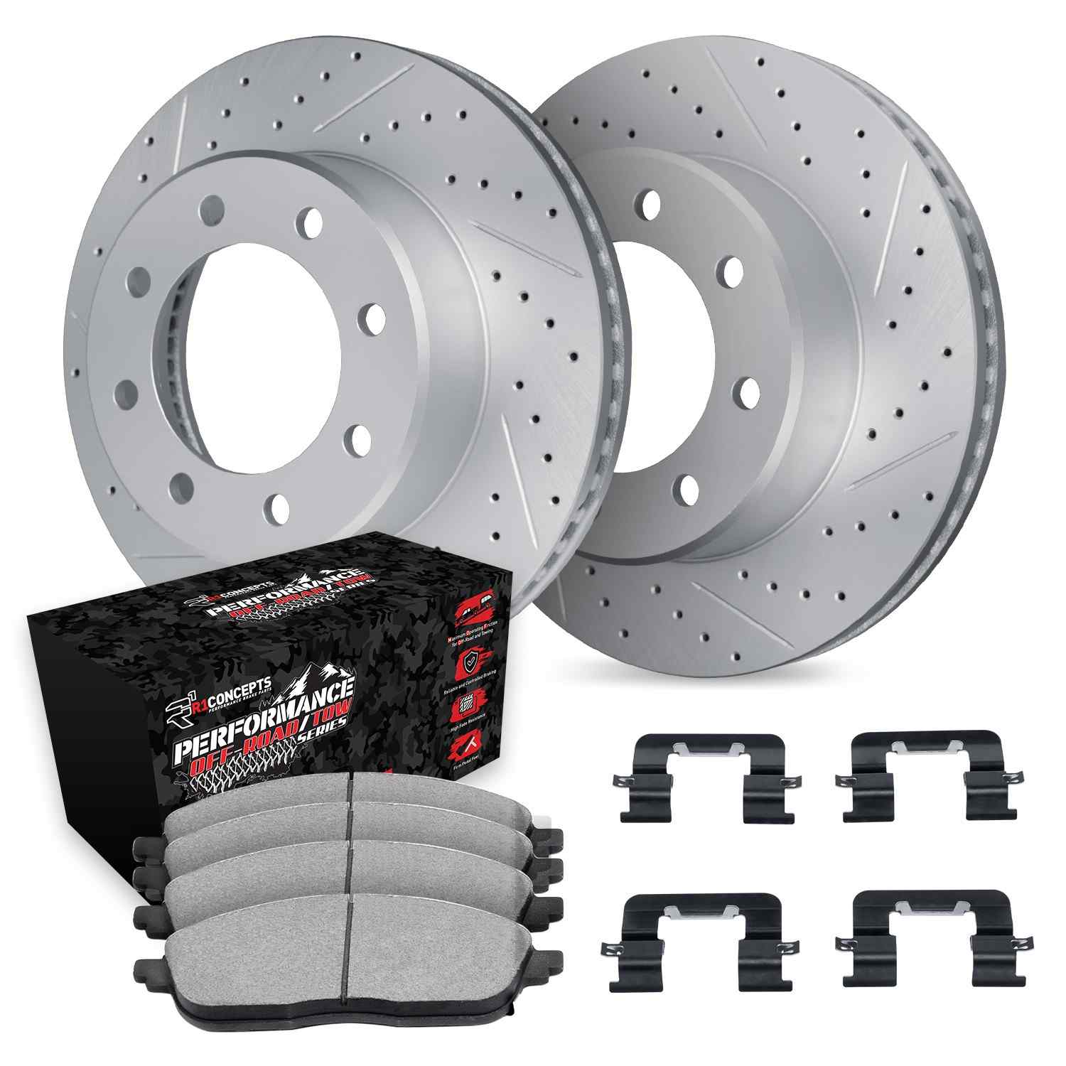 R1 Concepts 01-20 Chevrolet Express 4500 Front Drill/Slot Carbon Coated Rotor Set w/Off-Road/Tow Pads