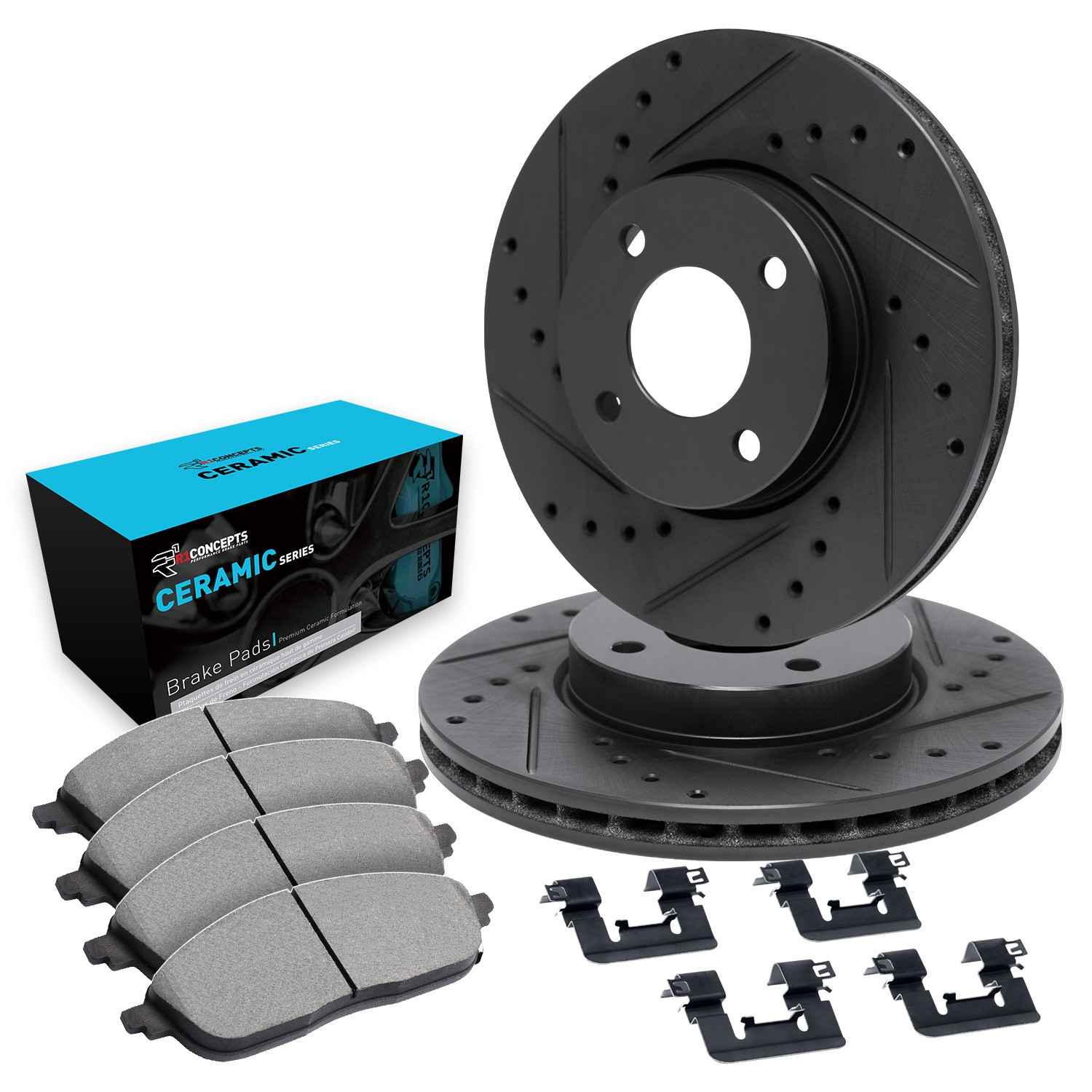 R1 Concepts 02-07 Mitsubishi Lancer Front Drilled & Slotted Black Brake Rotor Set w/Ceramic Pads and Hardware - Image 2