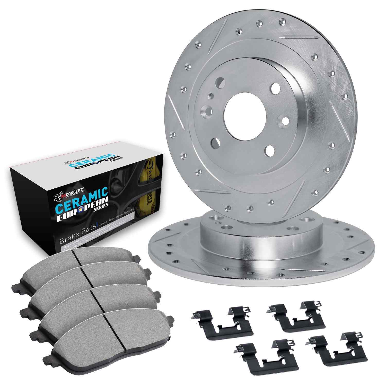 R1 Concepts 02-08 Mini Cooper Rear Drilled & Slotted Silver Brake Rotor Set w/Euro Ceramic Pads and Hardware - Image 2