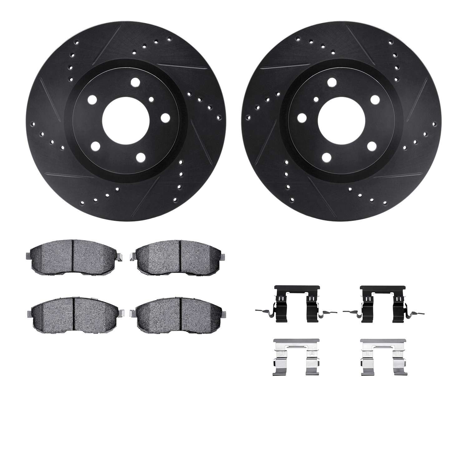 R1 Concepts 03-05 Infiniti G35 Front Drilled & Slotted Black Brake Rotor Set w/Optimum OE Pads and Hardware
