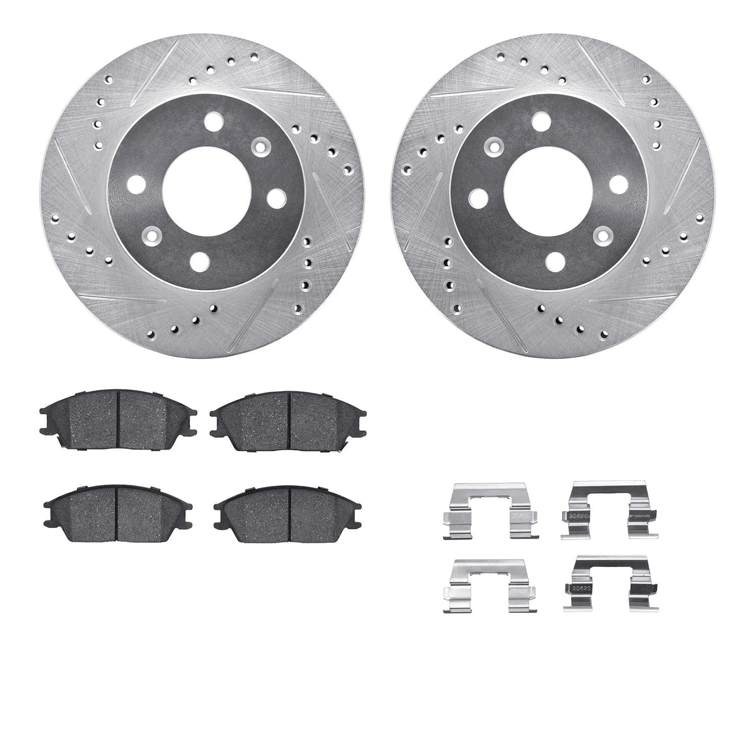 R1 Concepts 03-06 Dodge Verna Front Drilled & Slotted Silver Brake Rotor Set w/Optimum OE Pads and Hardware