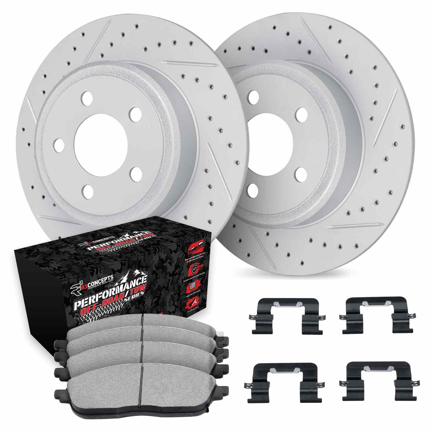 R1 Concepts 03-07 Jeep TJ Rear Drill/Slot Carbon Coated Rotor Set w/Off-Road/Tow Pads