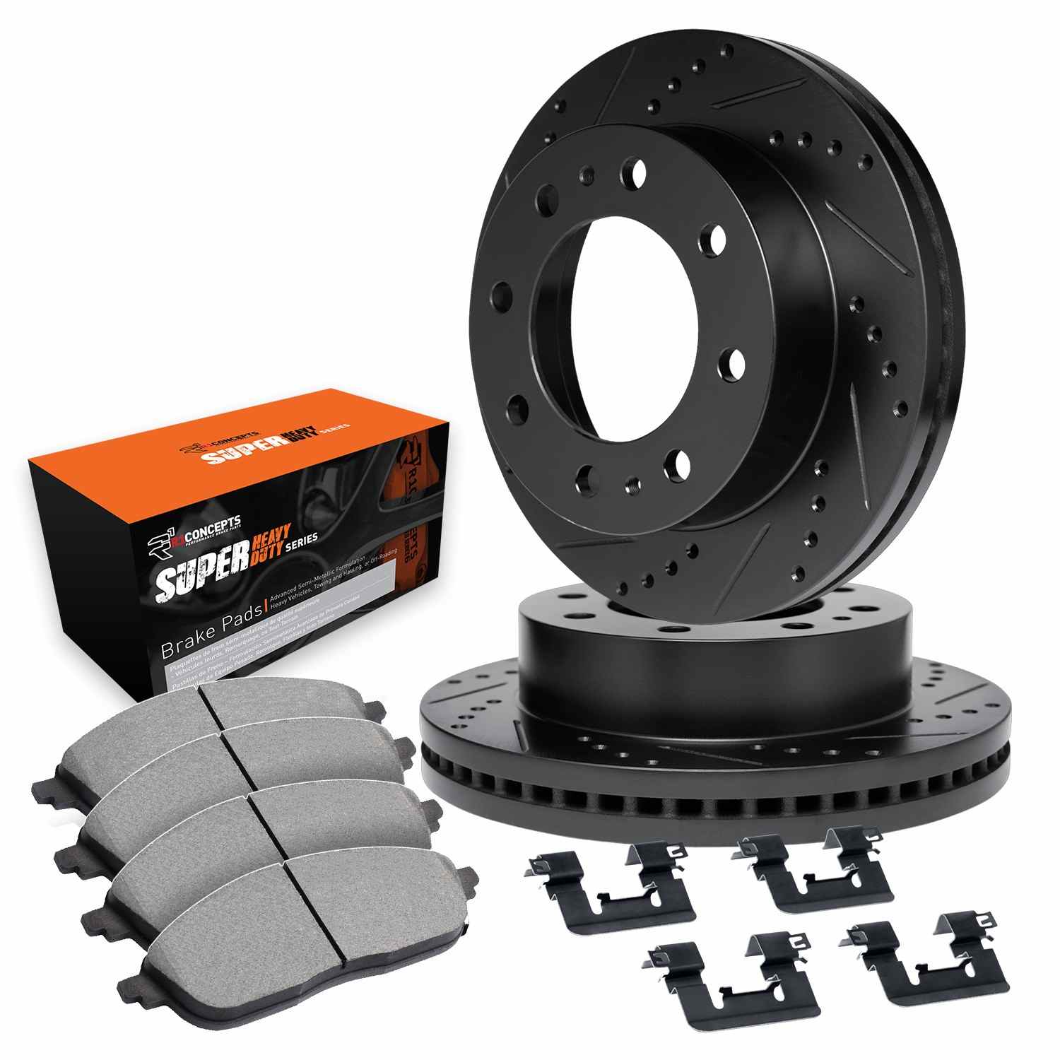 R1 Concepts 03-08 Dodge Ram 3500 Front Drilled & Slotted Black Brake Rotor Set w/Super Duty Pads and Hardware - Image 2