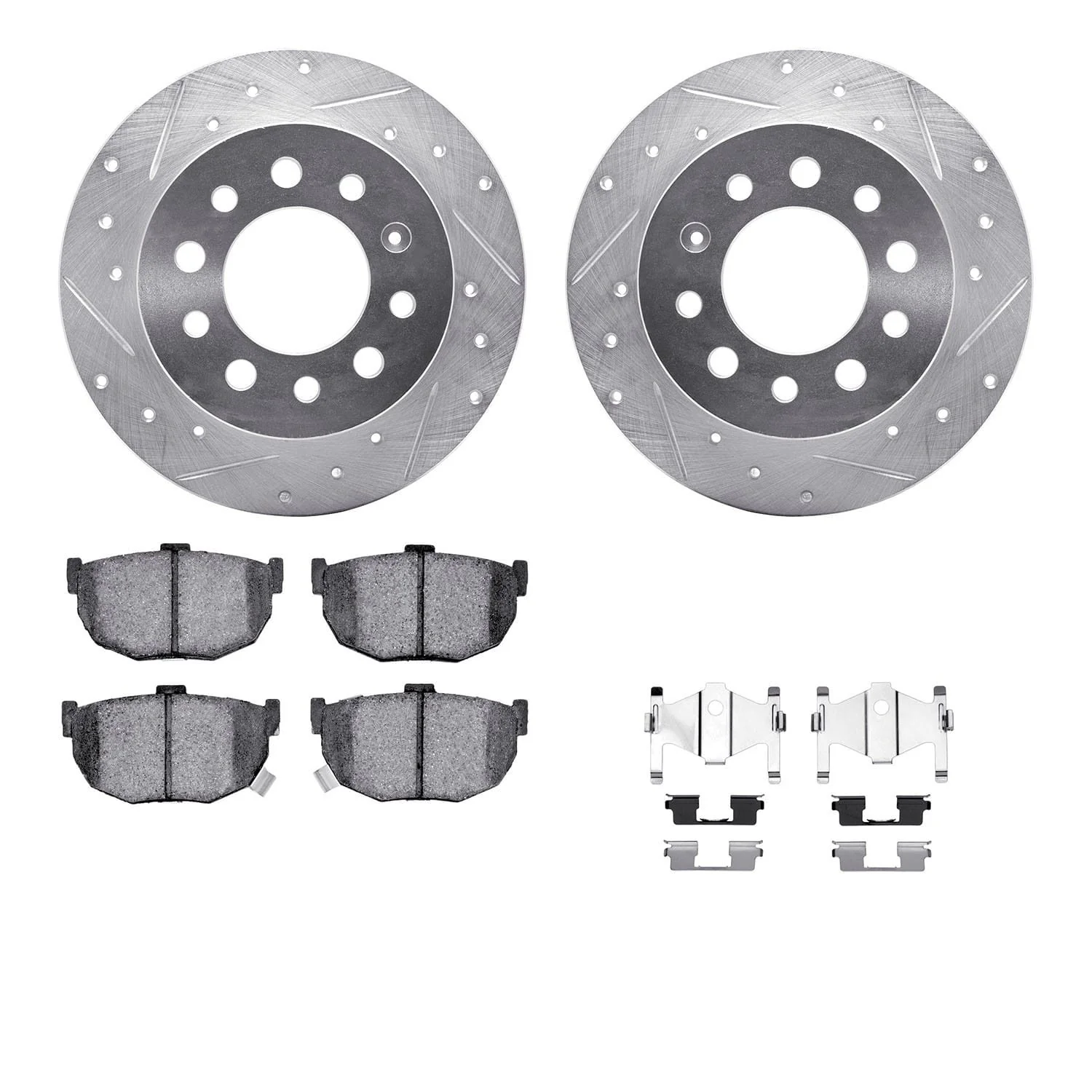 R1 Concepts 03-08 Hyundai Tiburon Rear Drilled & Slotted Silver Brake Rotor Set w/Ceramic Pads and Hardware