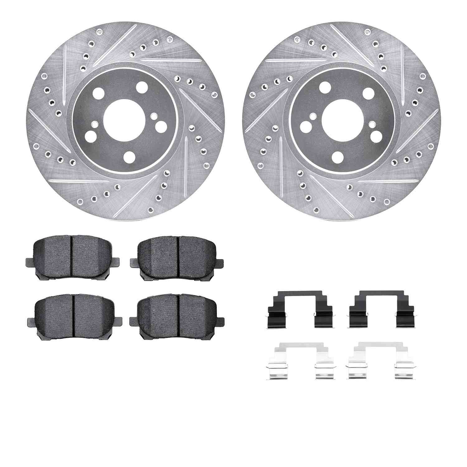 R1 Concepts 03-08 Pontiac Vibe Front Drilled & Slotted Silver Brake Rotor Set w/Optimum OE Pads and Hardware