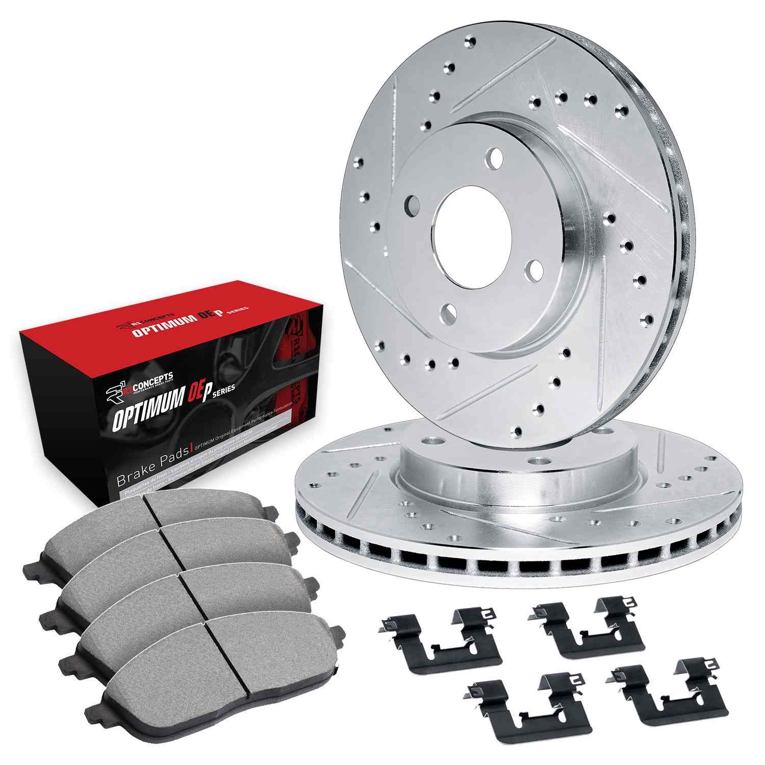 R1 Concepts 04-06 ScIon xB Front Drilled & Slotted Silver Brake Rotor Set w/Optimum OE Pads and Hardware - Image 2