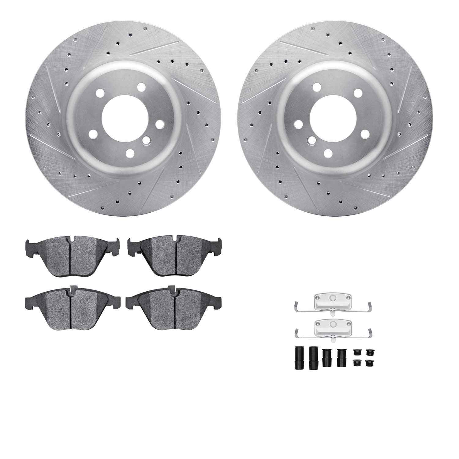 R1 Concepts 04-10 BMW 550i Front Drilled & Slotted Silver Brake Rotor Set w/Ceramic Pads and Hardware