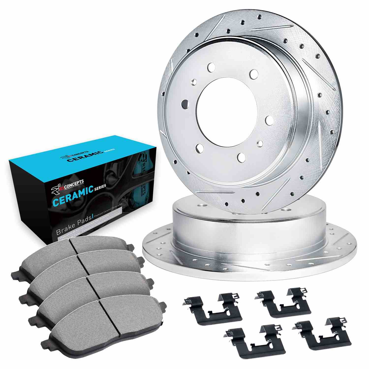 R1 Concepts 04-15 Infiniti QX56 Rear Drilled & Slotted Silver Brake Rotor Set w/Ceramic Pads and Hardware - Image 2