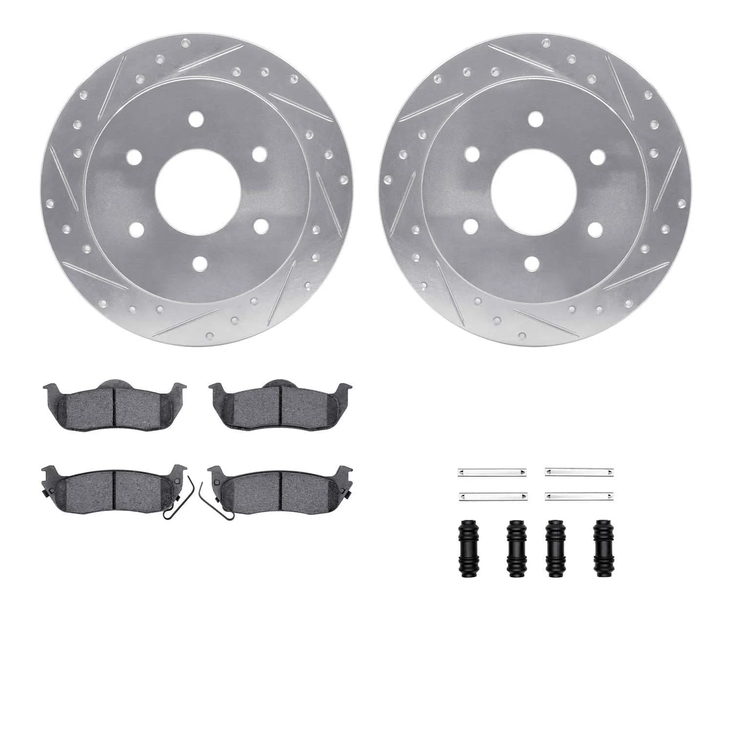R1 Concepts 04-15 Infiniti QX56 Rear Drilled & Slotted Silver Brake Rotor Set w/Optimum OE Pads and Hardware