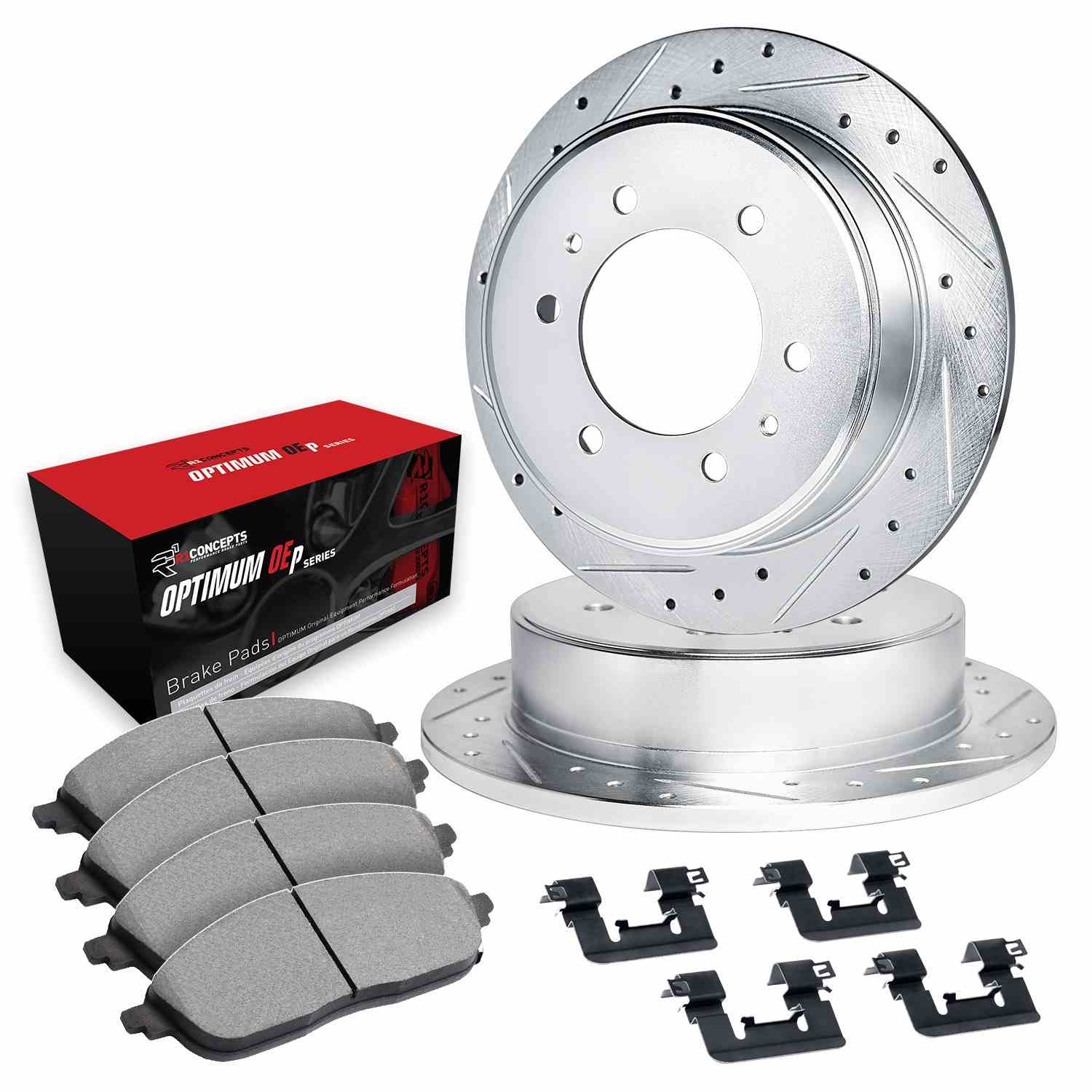 R1 Concepts 04-15 Infiniti QX56 Rear Drilled & Slotted Silver Brake Rotor Set w/Optimum OE Pads and Hardware - Image 2