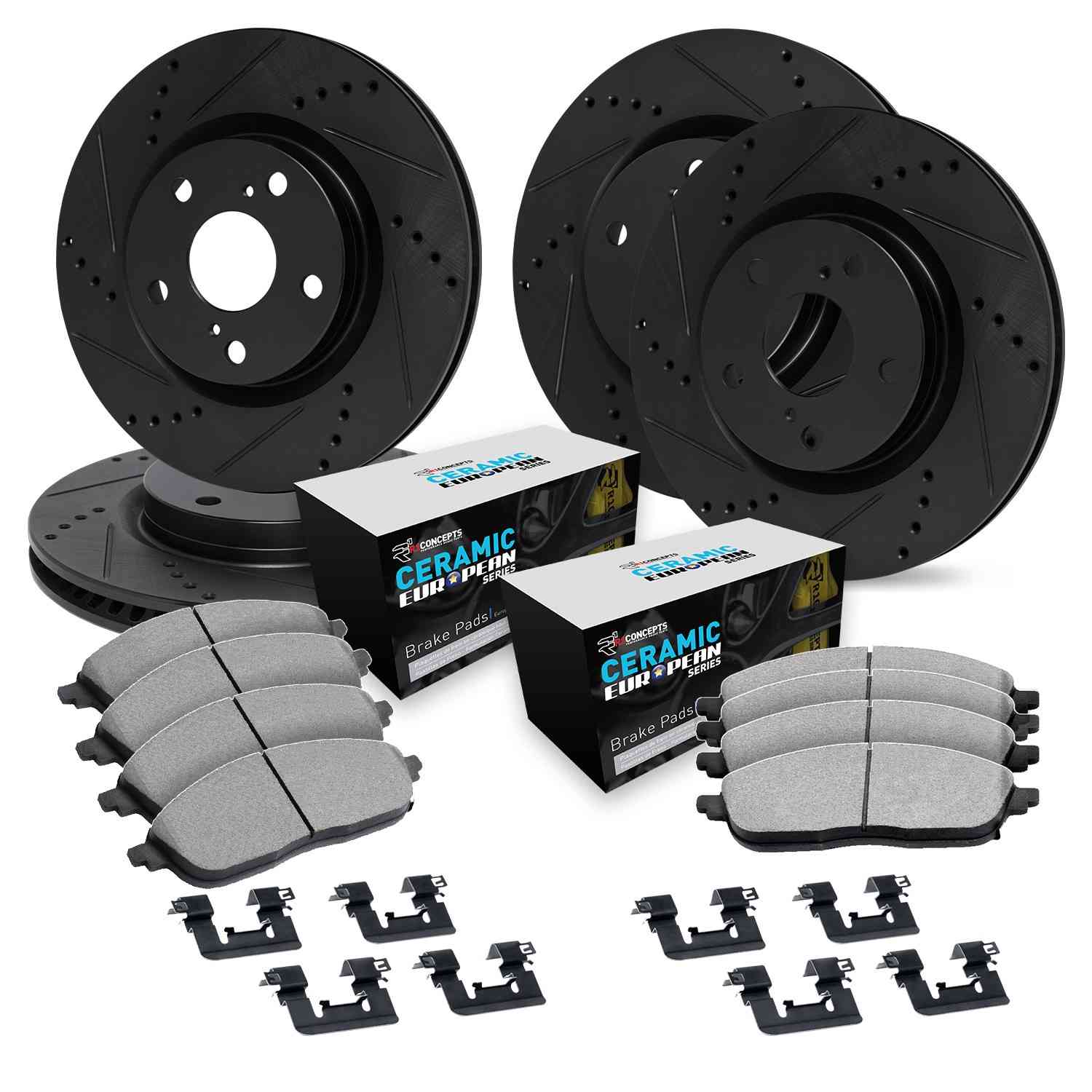 R1 Concepts 05-09 Land Rover Range Rover Sport Front & Rear Drill/Slot Black Rotors w/Euro Ceramic Pads