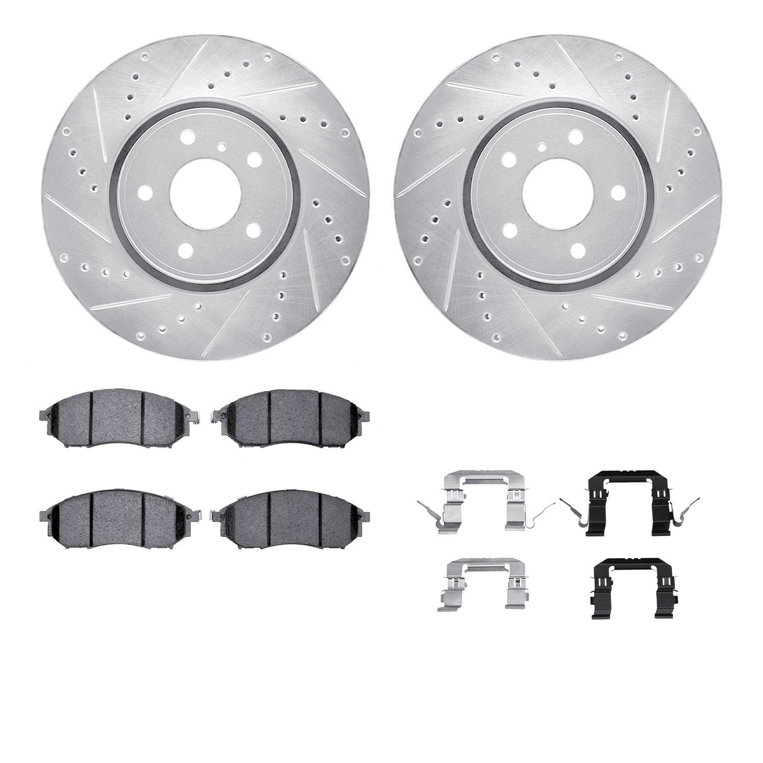 R1 Concepts 05-13 Infiniti FX45 Front Drilled & Slotted Silver Brake Rotor Set w/Optimum OE Pads and Hardware