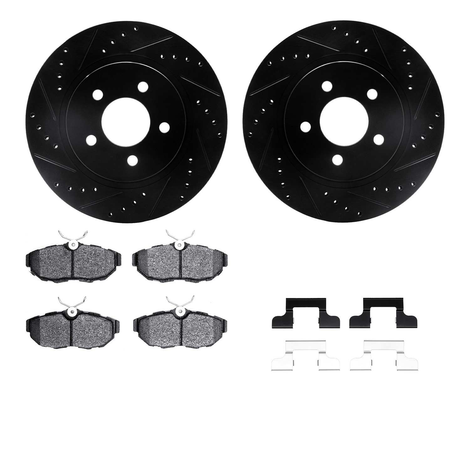 R1 Concepts 05-14 Ford Mustang Rear Drilled & Slotted Black Brake Rotor Set w/Optimum OE Pads and Hardware
