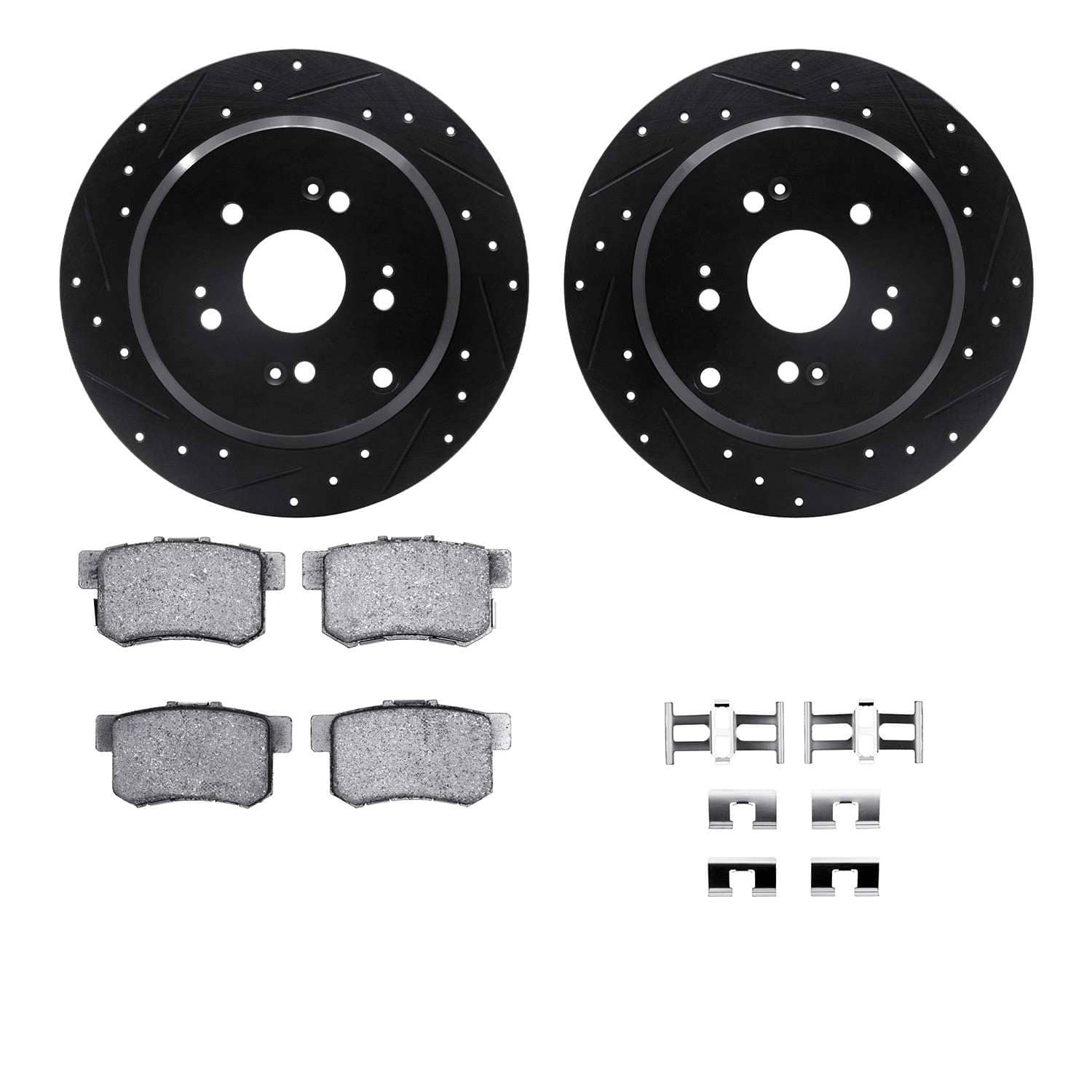 R1 Concepts 05-18 Acura RDX Rear Drilled & Slotted Black Brake Rotor Set w/Optimum OE Pads and Hardware