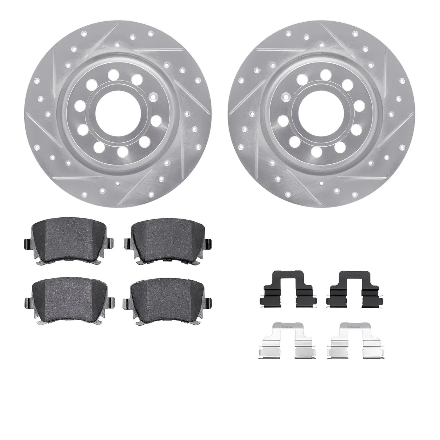 R1 Concepts 05-18 Audi A3 Rear Drilled & Slotted Silver Brake Rotor Set w/Ceramic Pads and Hardware