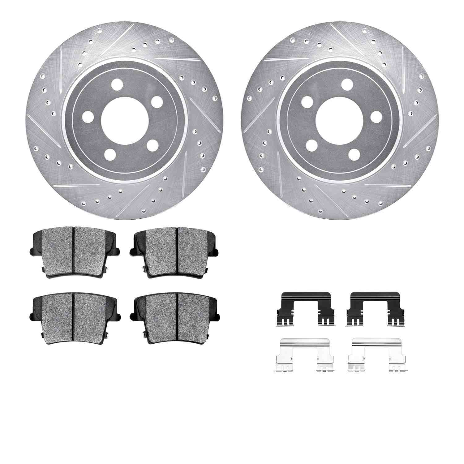 R1 Concepts 05-18 Chrysler 300 Rear Drilled & Slotted Silver Brake Rotor Set w/Optimum OE Pads and Hardware