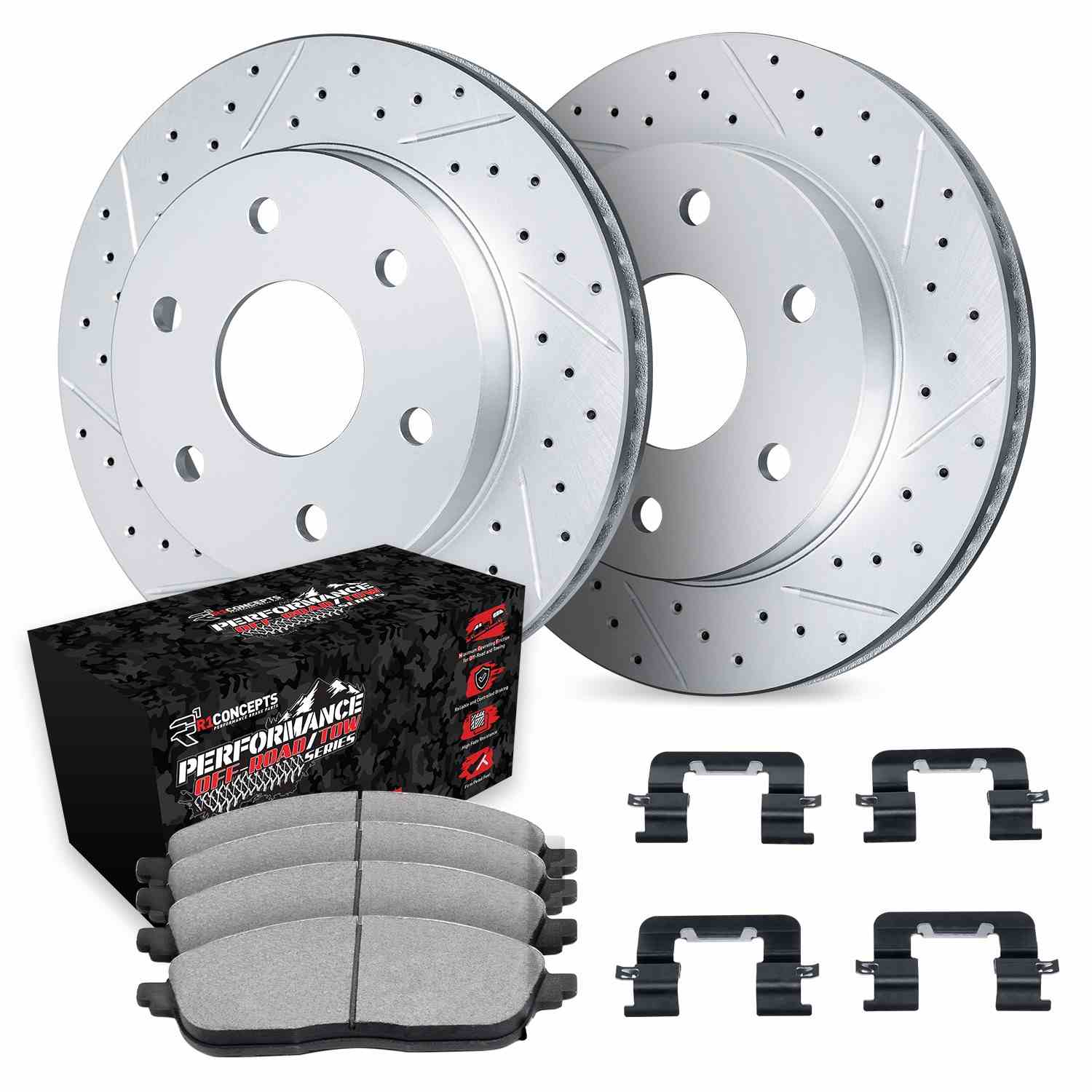 R1 Concepts 05-20 Cadillac XTS Front Drill/Slot Carbon Coated Rotor Set w/Off-Road/Tow Pads