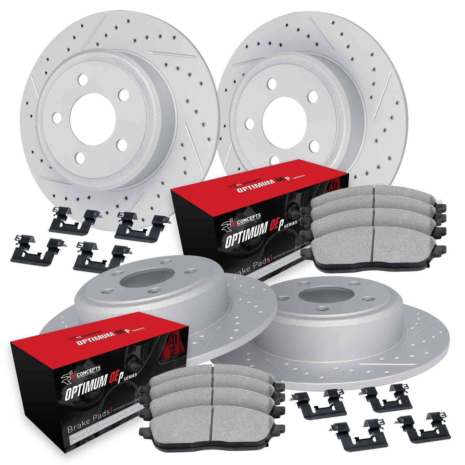 R1 Concepts 05-20 Chrysler 300 Front & Rear Drill/Slot Carbon Coated Rotor Set w/Optimum Pads
