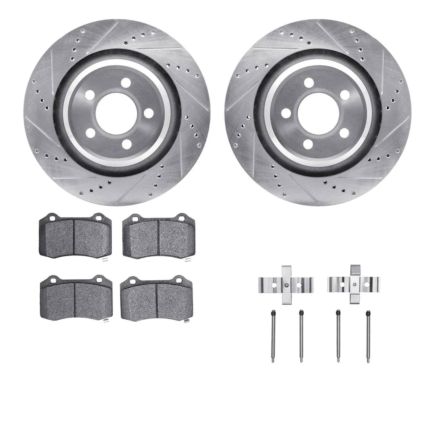 R1 Concepts 05-20 Chrysler 300 Rear Drilled & Slotted Silver Brake Rotor Set w/Optimum OE Pads and Hardware