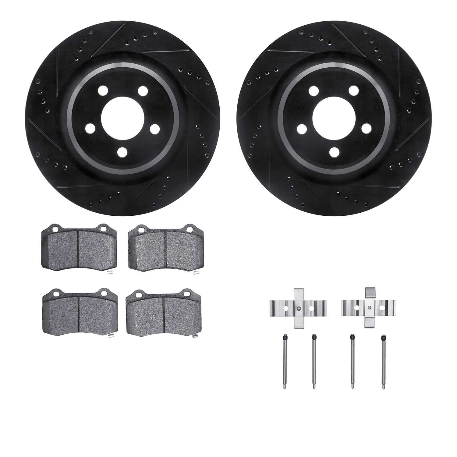 R1 Concepts 05-23 Chrysler 300 Rear Drilled & Slotted Black Brake Rotor Set w/Euro Ceramic Pads and Hardware