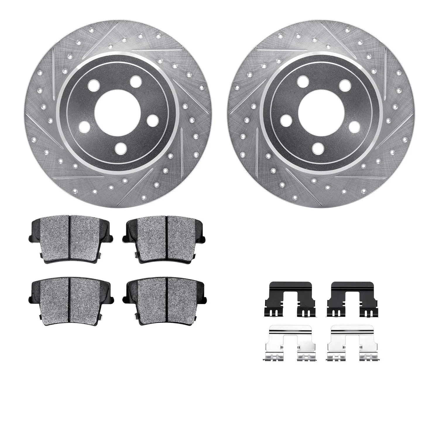 R1 Concepts 05-23 Chrysler 300 Rear Drilled & Slotted Silver Brake Rotor Set w/Optimum OE Pads and Hardware