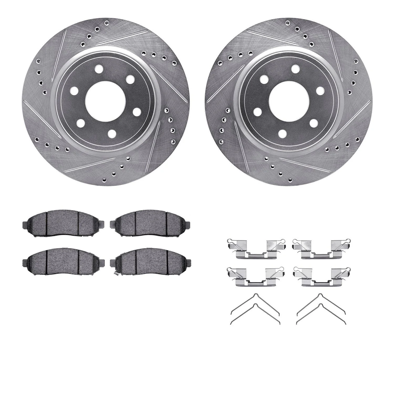 R1 Concepts 05-24 Nissan Frontier Front Drilled & Slotted Silver Brake Rotor Set w/Ceramic Pads and Hardware