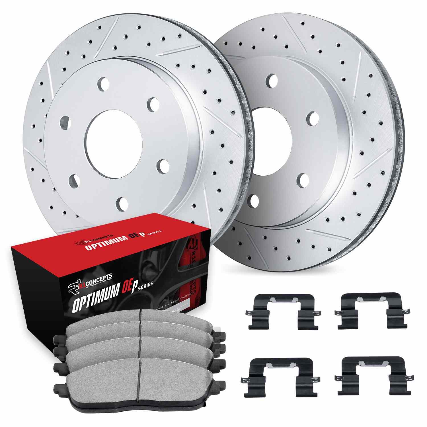 R1 Concepts 06-09 Chevrolet TrailBlazer Front Drill/Slot Carbon Coated Rotor Set w/Optimum Pads - Image 2