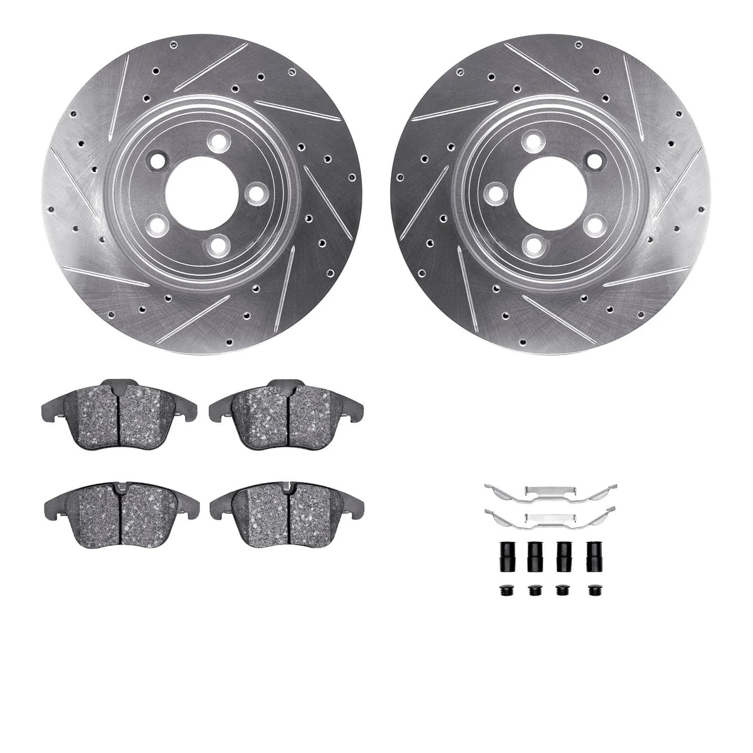 R1 Concepts 06-10 Jaguar XF Front Drilled & Slotted Silver Brake Rotor Set w/Ceramic Pads and Hardware
