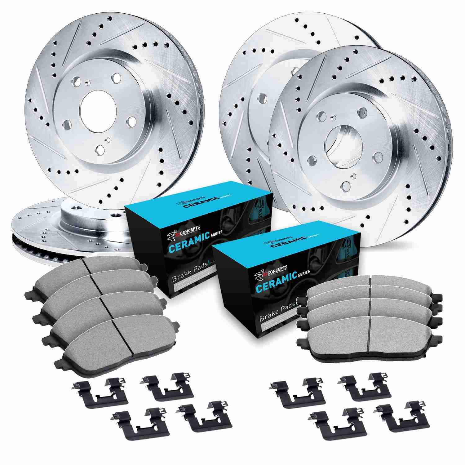 R1 Concepts 06-10 Jeep Grand Cherokee Front & Rear Drill/Slot Silver Rotors w/Ceramic Pads