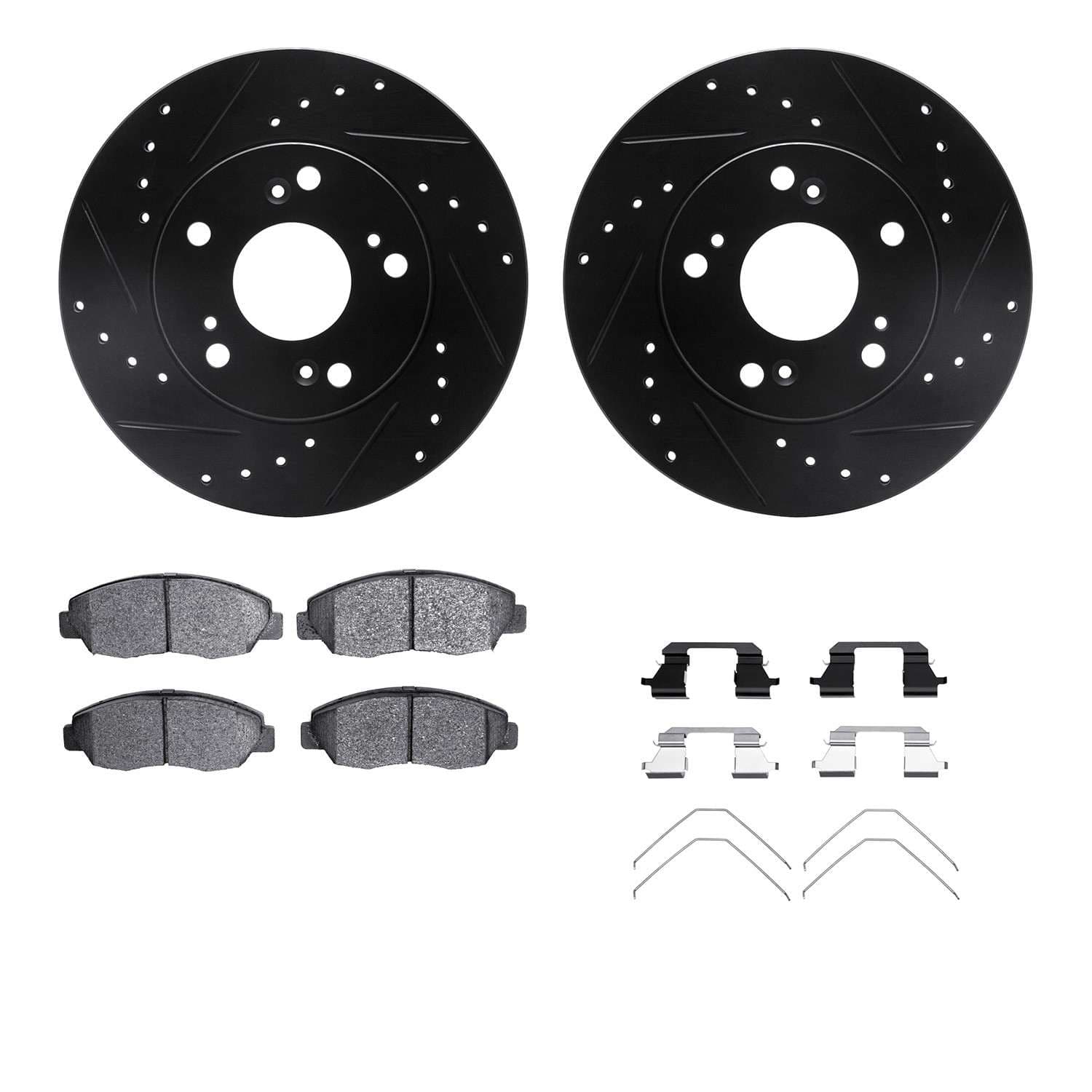 R1 Concepts 06-11 Honda Civic Front Drilled & Slotted Black Brake Rotor Set w/Optimum OE Pads and Hardware