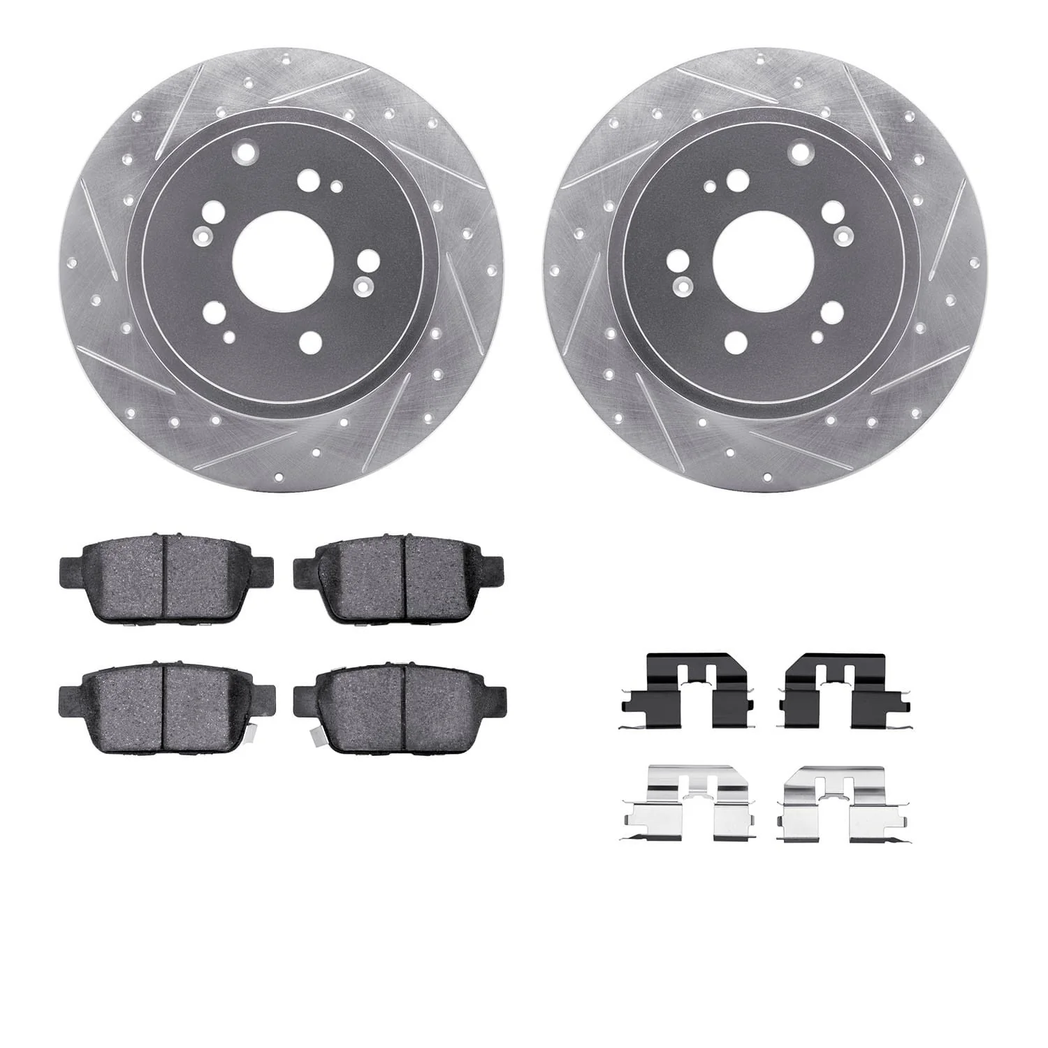 R1 Concepts 06-14 Honda Ridgeline Rear Drilled & Slotted Silver Brake Rotor Set w/Ceramic Pads and Hardware