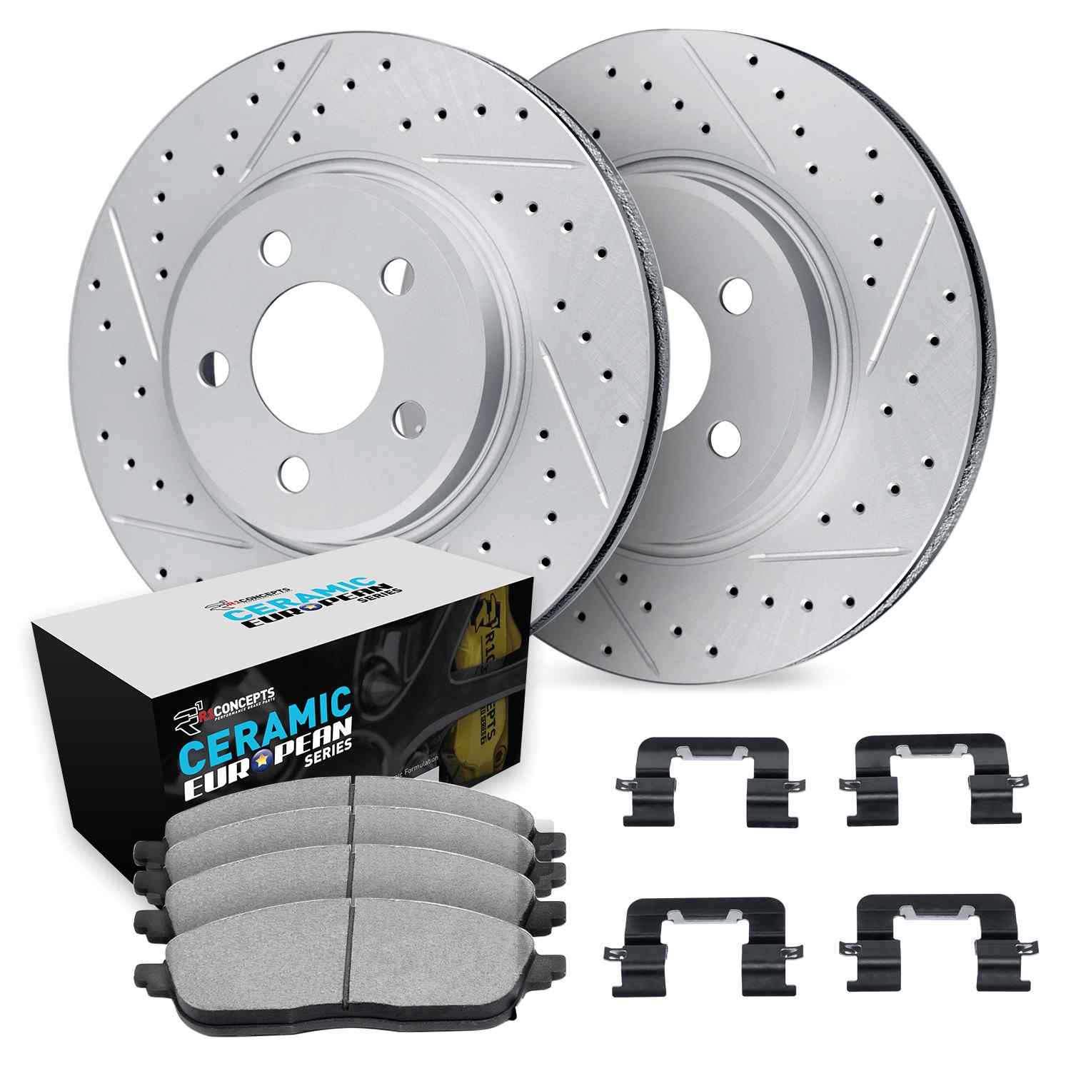 R1 Concepts 06-15 BMW 335d Rear Drill/Slot Carbon Coated Rotor Set w/Euro Ceramic Pads