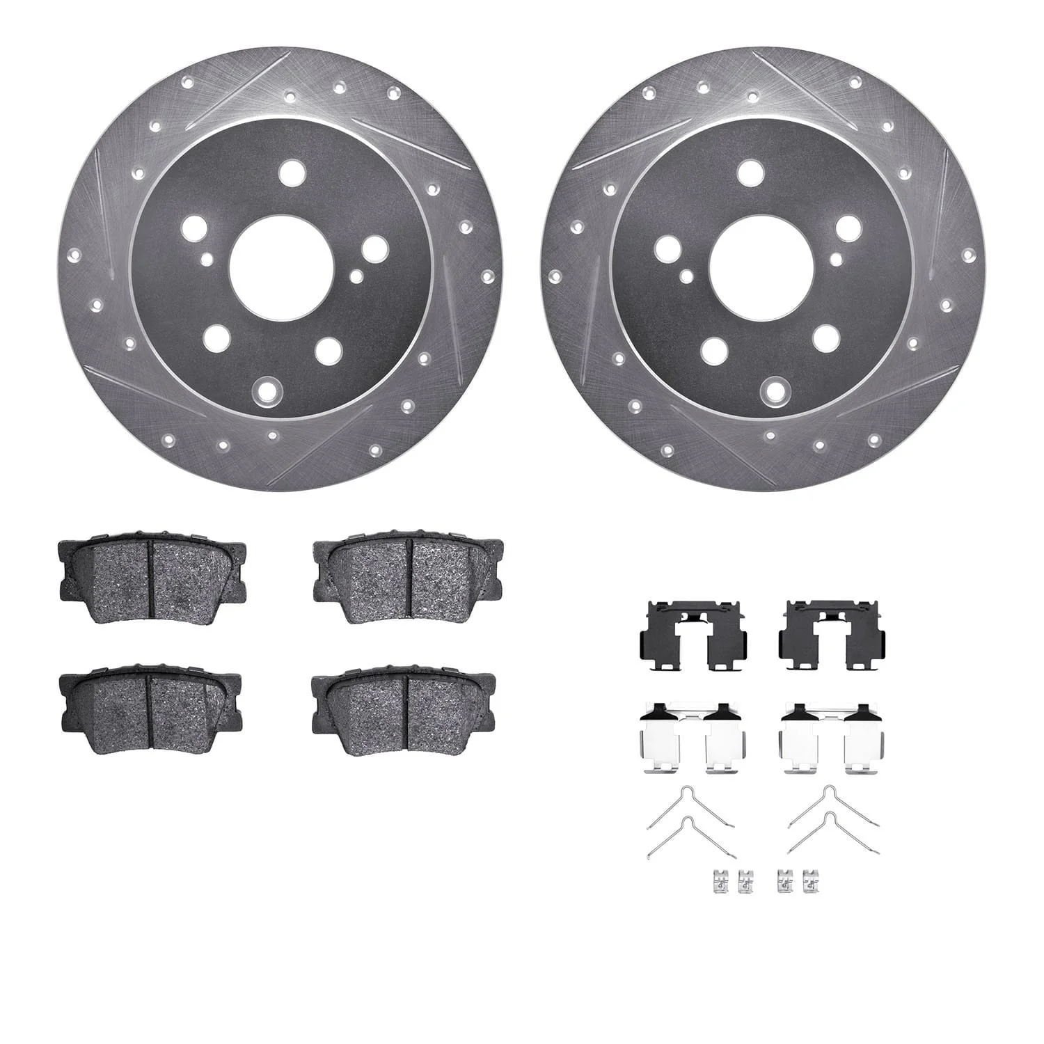 R1 Concepts 06-18 Lexus HS250h Rear Drilled & Slotted Silver Brake Rotor Set w/Ceramic Pads and Hardware