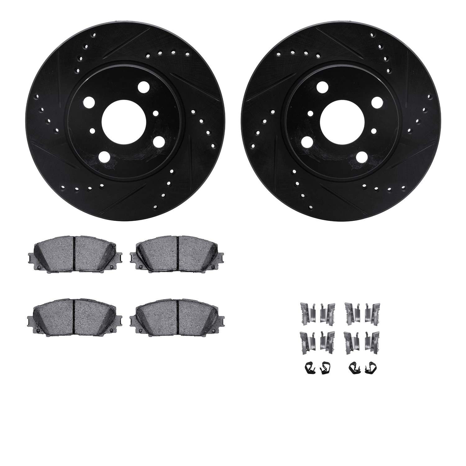 R1 Concepts 06-18 Toyota Yaris Front Drilled & Slotted Black Brake Rotor Set w/Optimum OE Pads and Hardware
