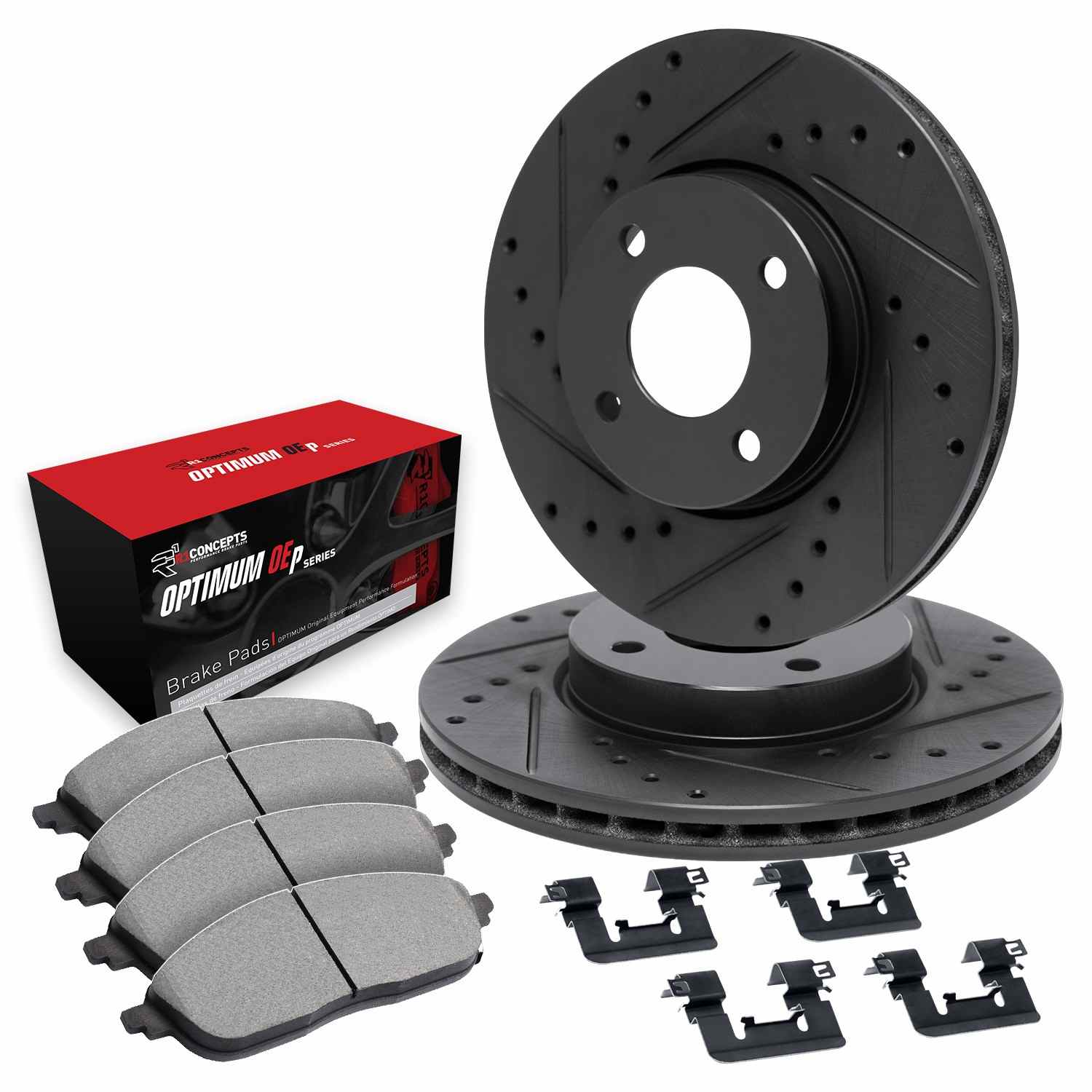 R1 Concepts 06-18 Toyota Yaris Front Drilled & Slotted Black Brake Rotor Set w/Optimum OE Pads and Hardware - Image 2