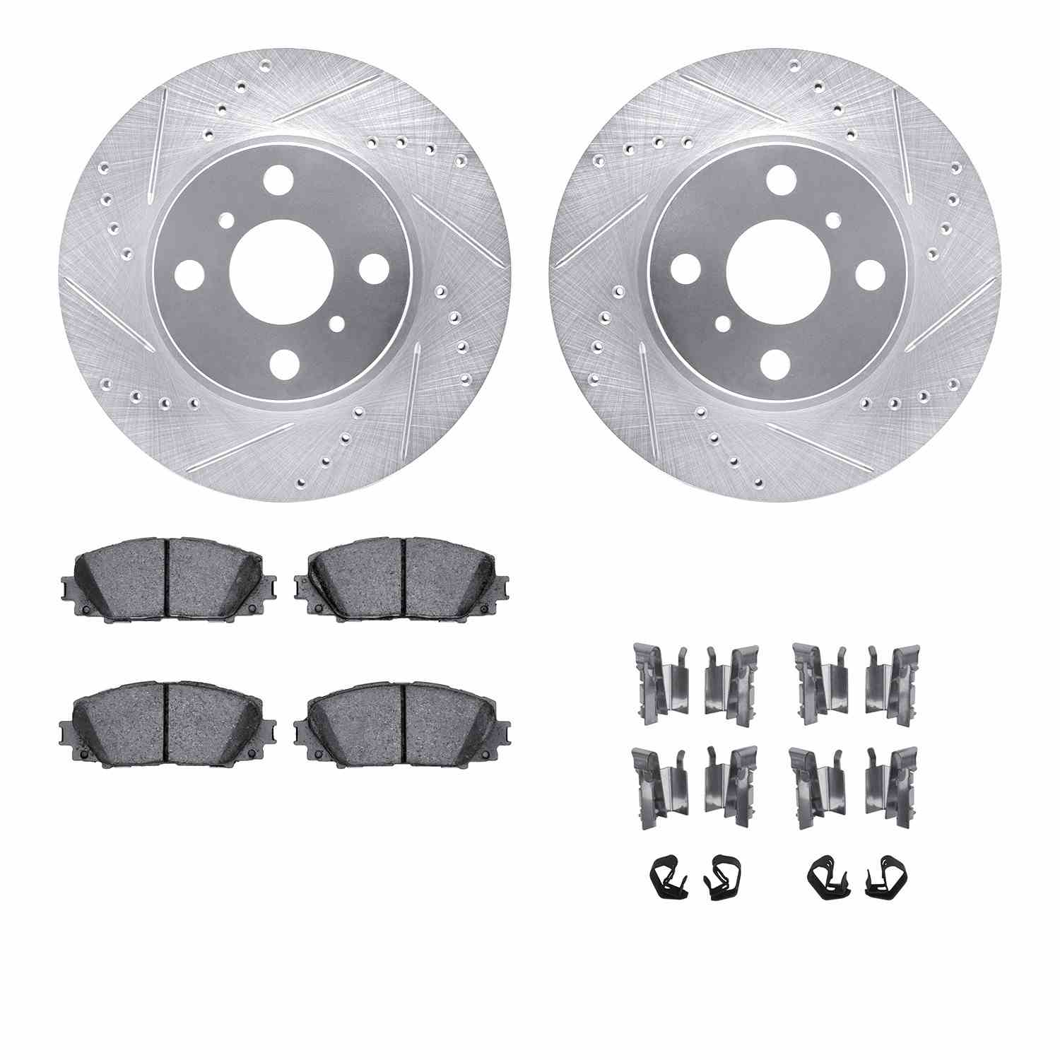 R1 Concepts 06-18 Toyota Yaris Front Drilled & Slotted Silver Brake Rotor Set w/Optimum OE Pads and Hardware