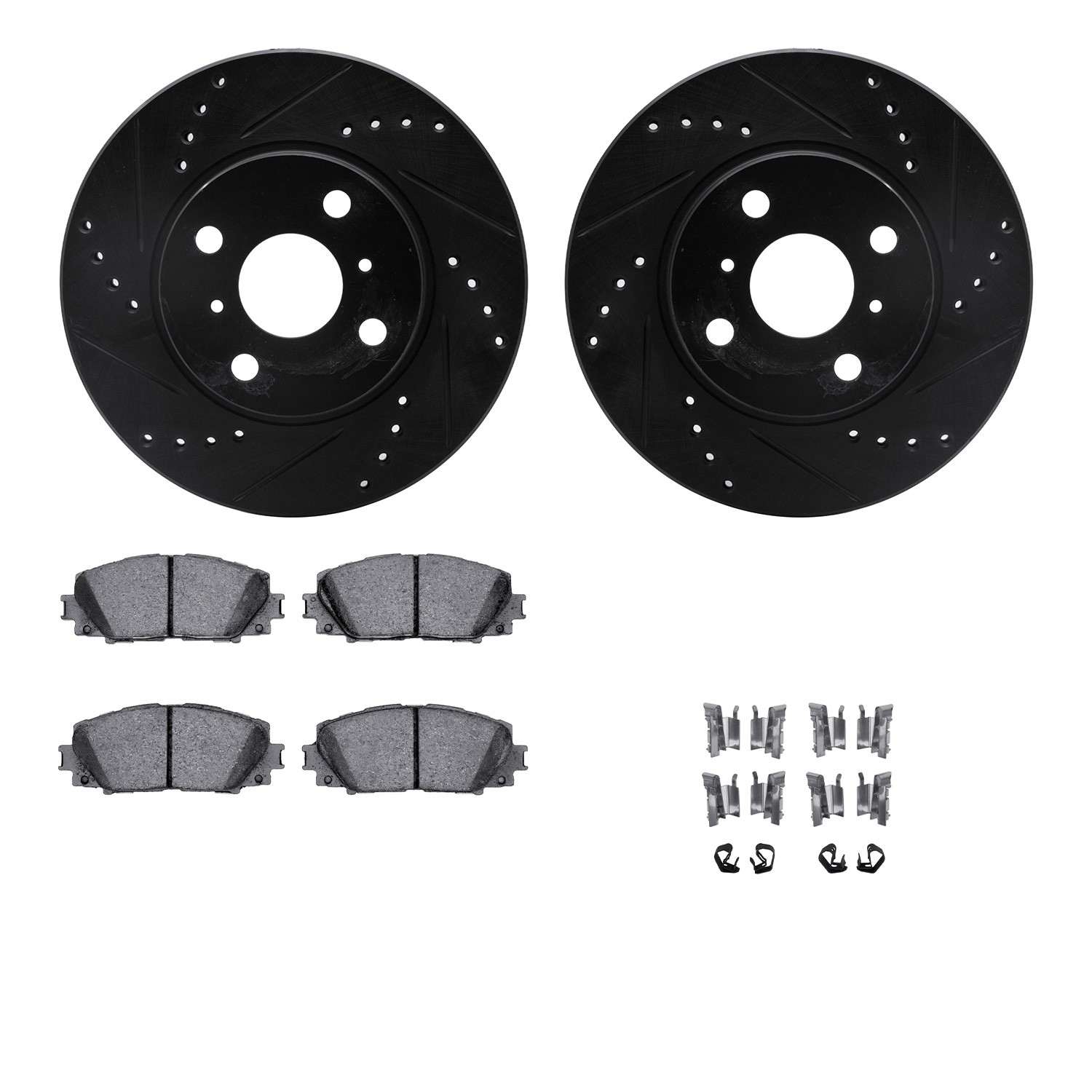 R1 Concepts 06-19 ScIon iQ Front Drilled & Slotted Black Brake Rotor Set w/Ceramic Pads and Hardware