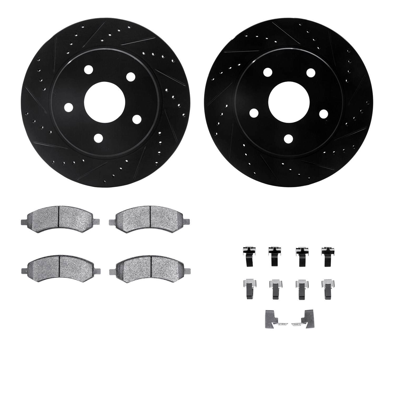 R1 Concepts 06-24 Chrysler Aspen Front Drilled & Slotted Black Brake Rotor Set w/Optimum OE Pads and Hardware