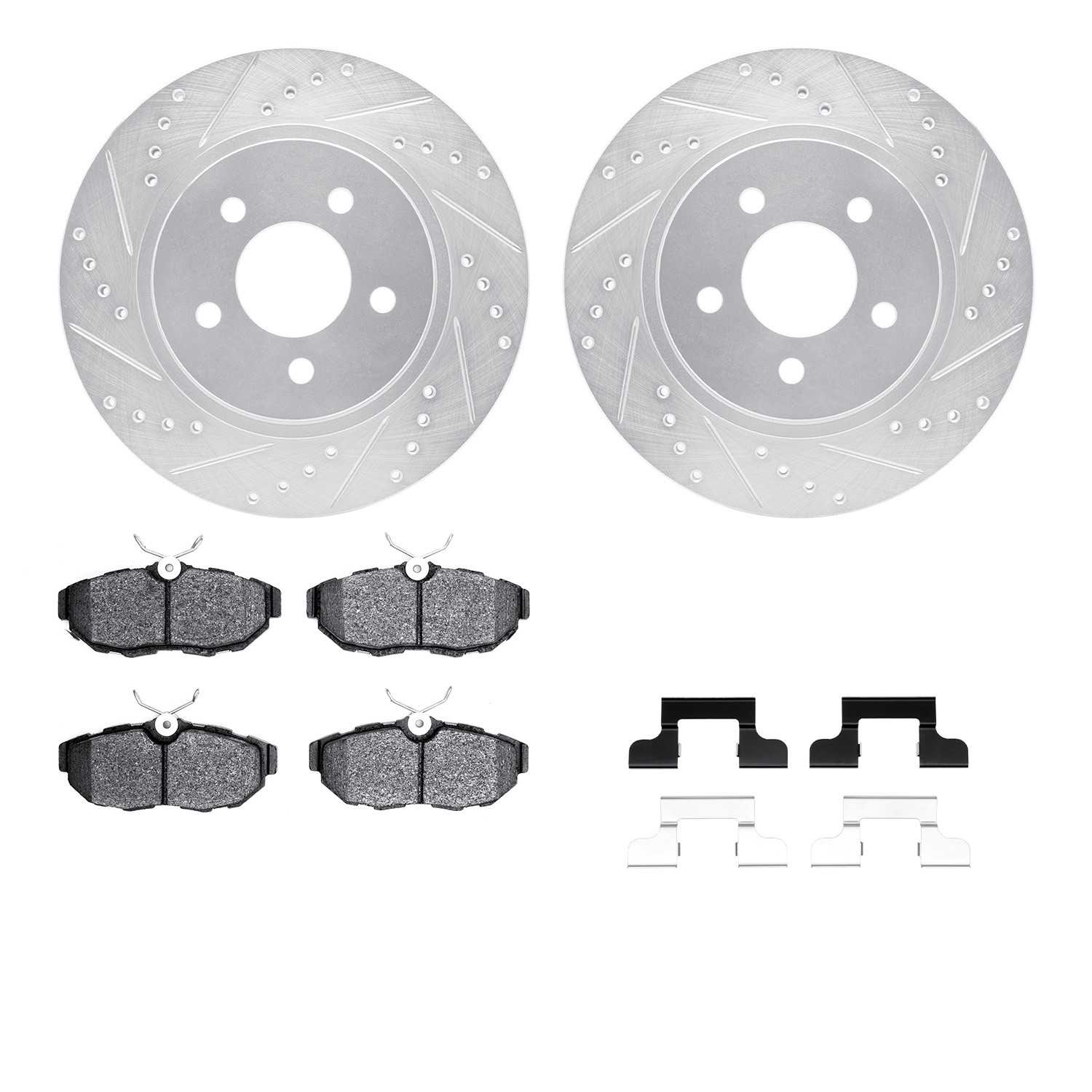 R1 Concepts 07-14 Ford Mustang Rear Drilled & Slotted Silver Brake Rotor Set w/Optimum OE Pads and Hardware