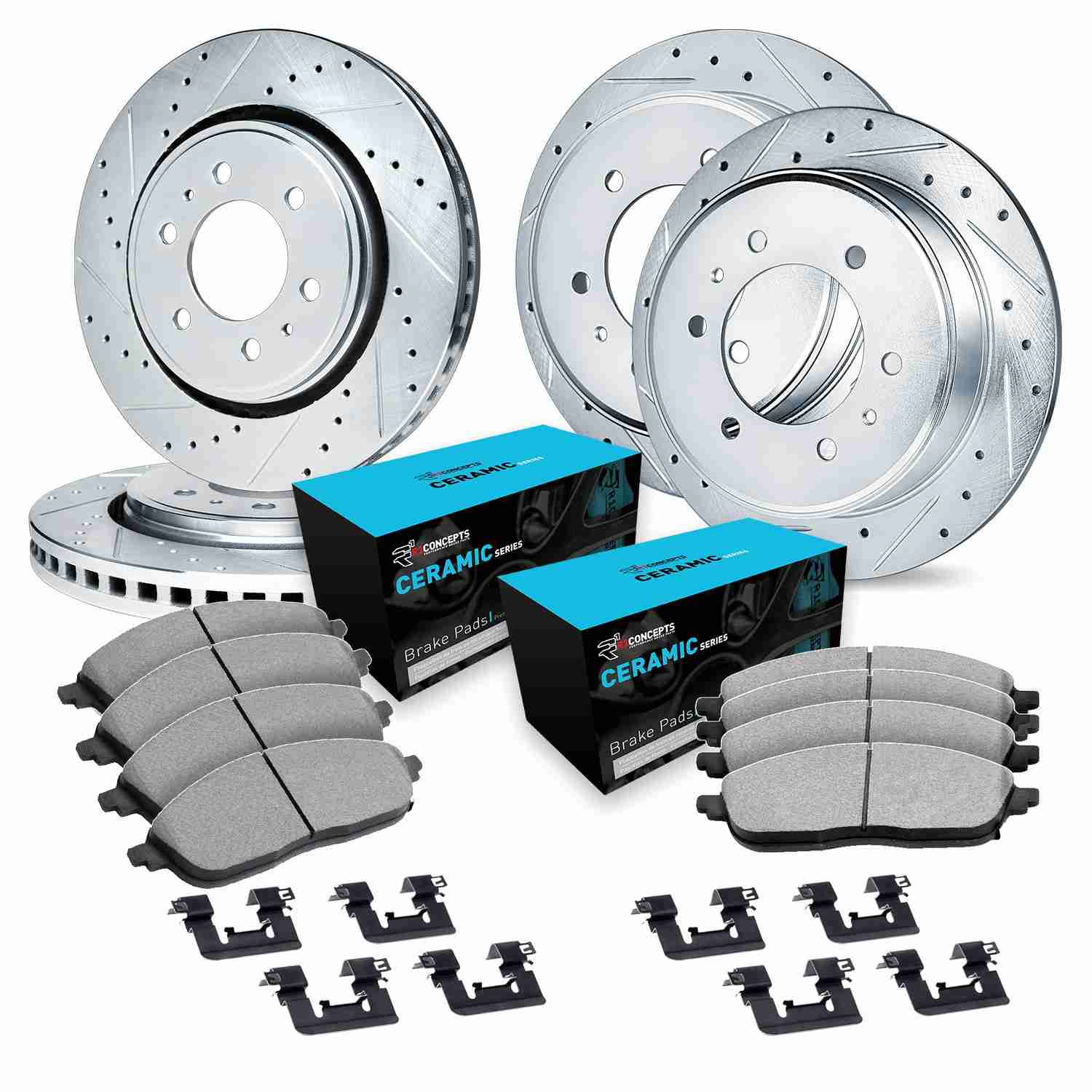R1 Concepts 07-14 Kia Sedona Front & Rear Drill/Slot Silver Rotors w/Ceramic Pads