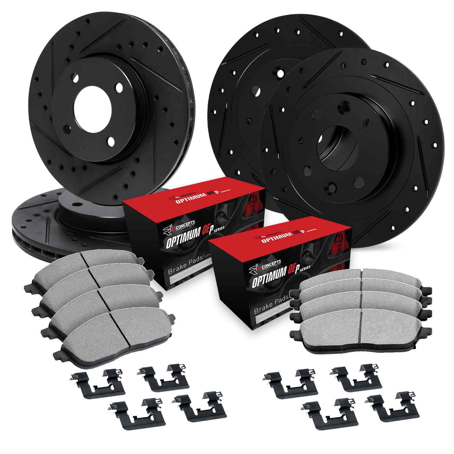 R1 Concepts 07-15 Mini Cooper Front & Rear Drill/Slot Black Rotors w/Optimum Pads