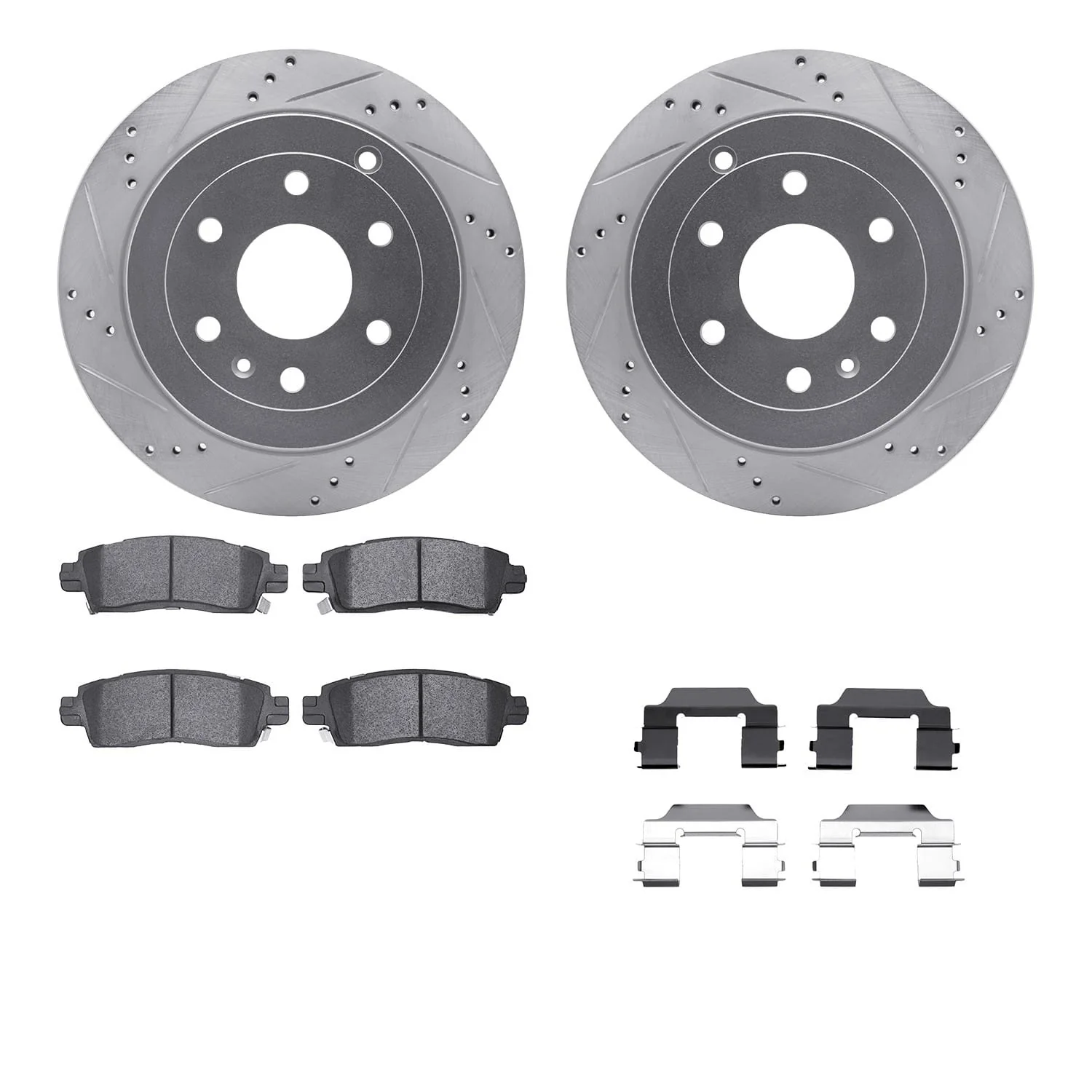 R1 Concepts 07-17 Buick Enclave Rear Drilled & Slotted Silver Brake Rotor Set w/Optimum OE Pads and Hardware