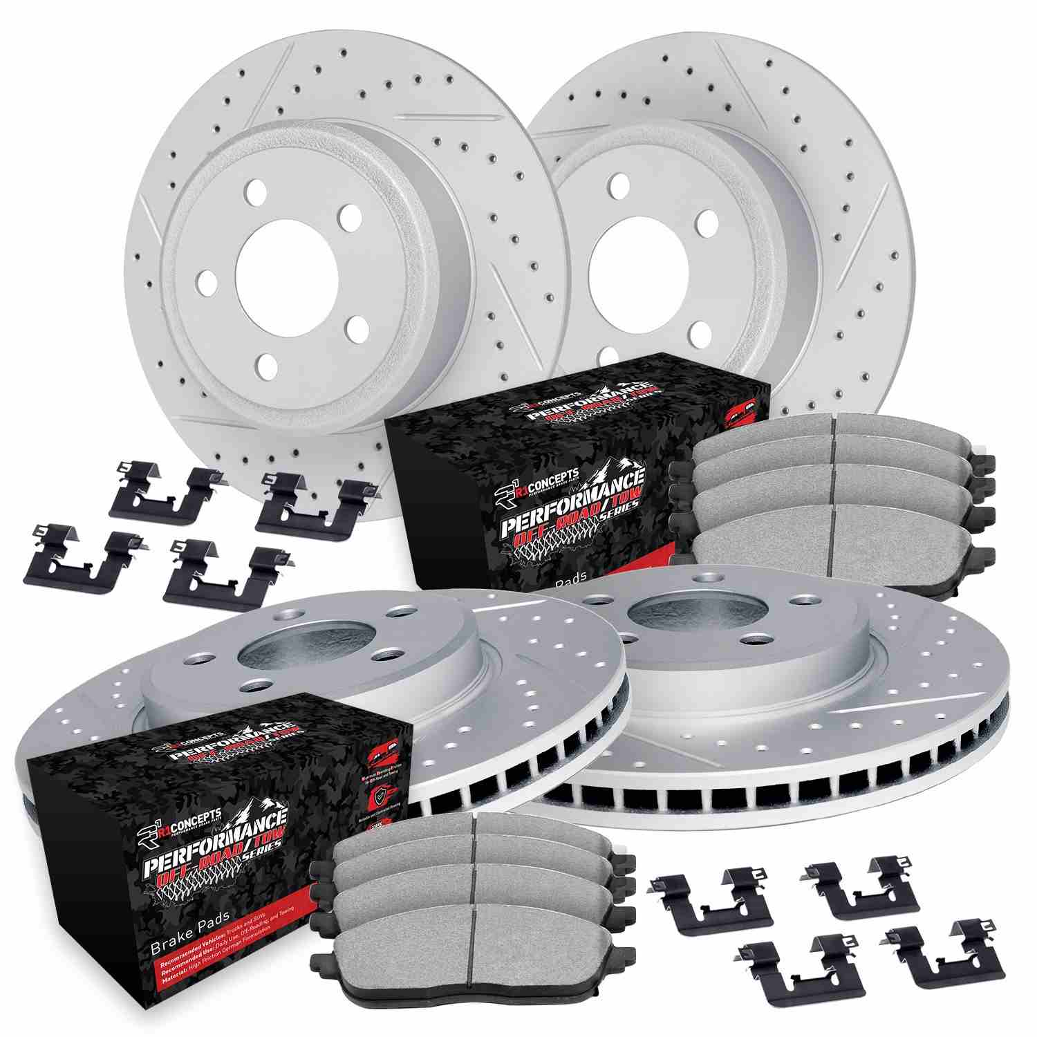 R1 Concepts 07-18 Jeep Wrangler Front & Rear Drill/Slot Carbon Coated Rotor Set w/Off-Road/Tow Pads