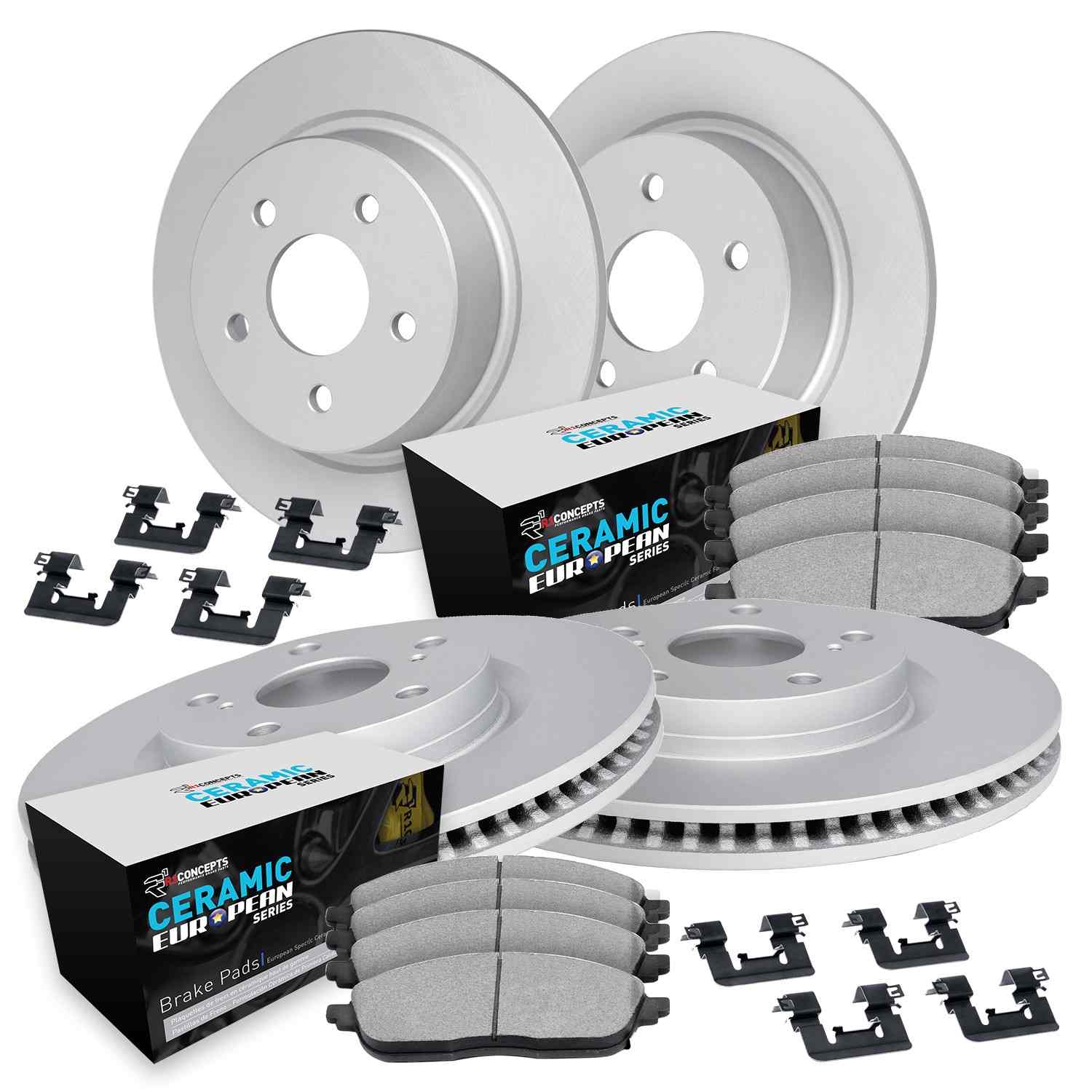 R1 Concepts 07-18 Volvo S80 Front & Rear Carbon Coated Brake Rotor Set w/Euro Ceramic Pads and Hardware