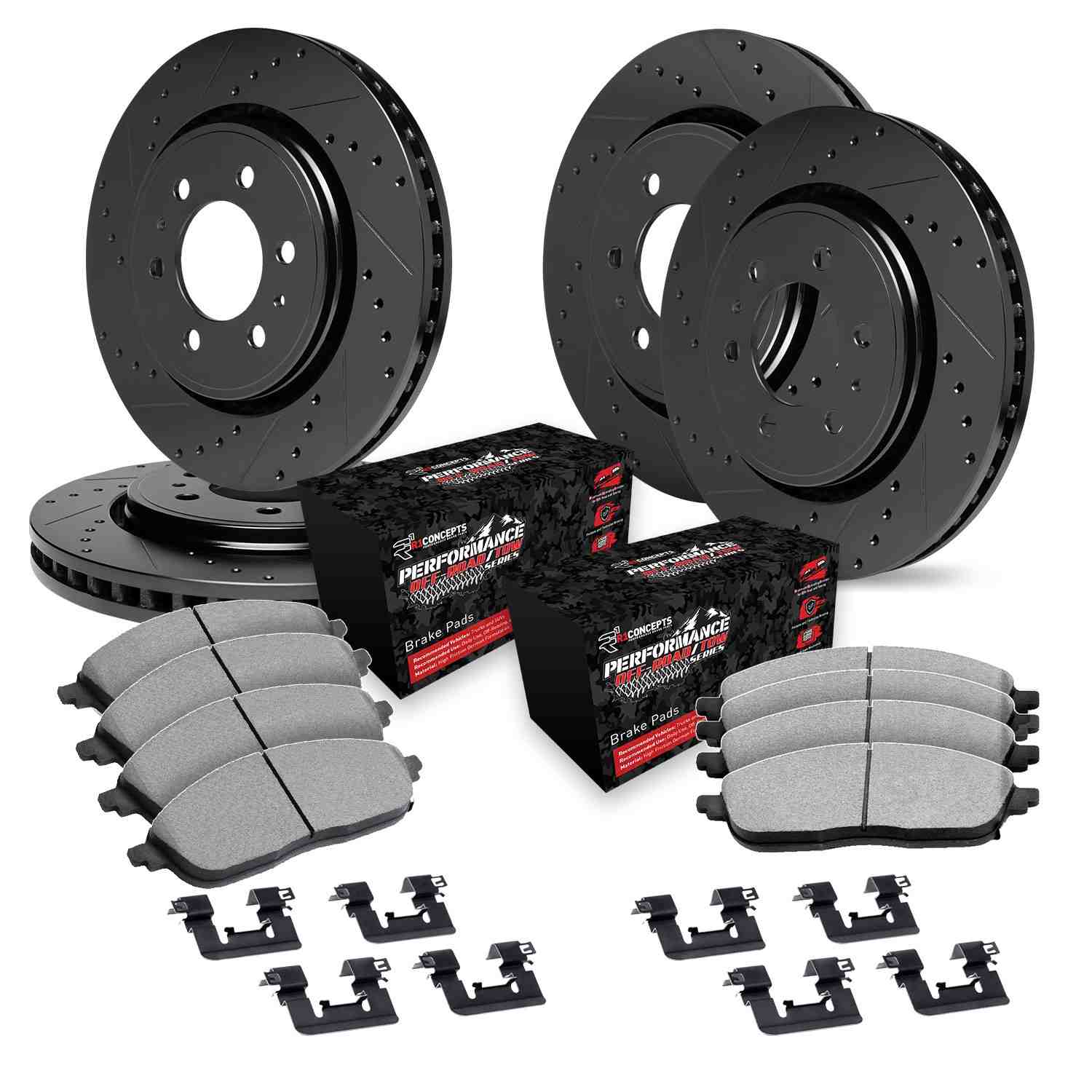 R1 Concepts 07-20 Cadillac Escalade ESV Front & Rear Drill/Slot Black Rotors w/Off-Road/Tow Pads