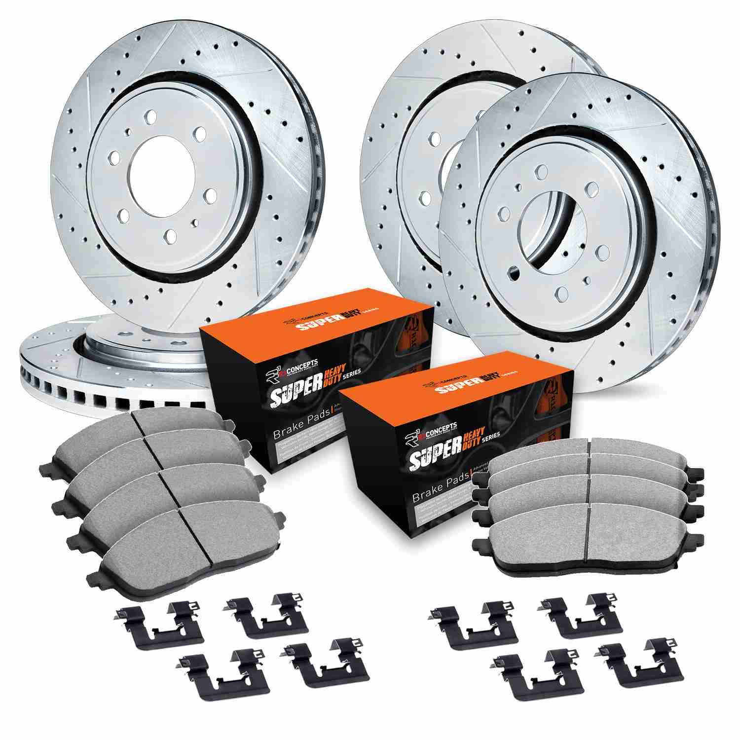 R1 Concepts 07-20 Cadillac Escalade EXT Front & Rear Drill/Slot Silver Rotors w/Super Duty Pads