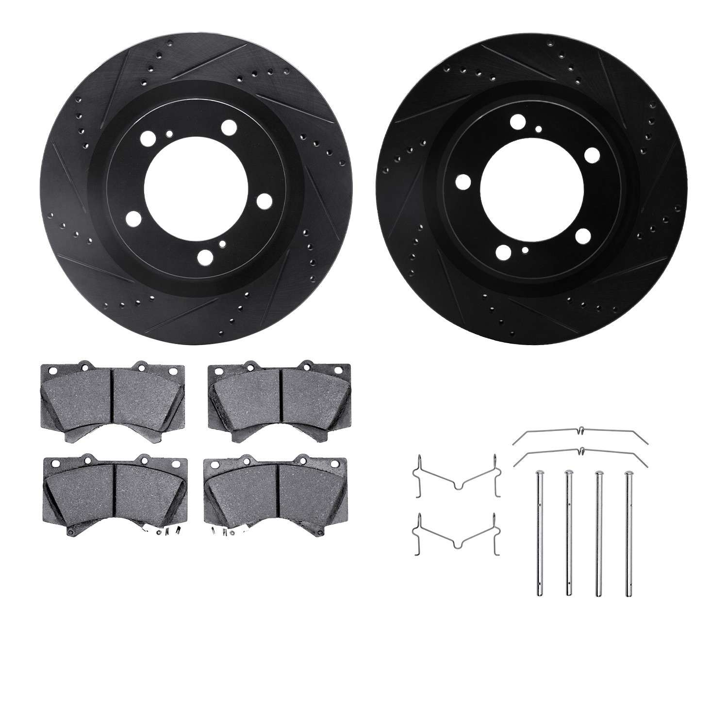 R1 Concepts 07-22 Lexus LX570 Front Drilled & Slotted Black Brake Rotor Set w/Optimum OE Pads and Hardware